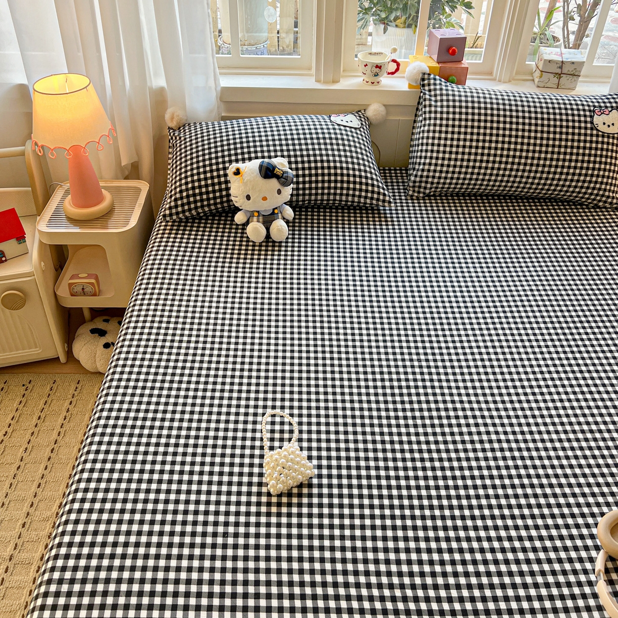 91家纺网 家纺一手货源 找家纺 富米莱（原臻工厂） 2026新款古法水洗仿棉床笠席梦思床罩杀床垫防滑罩床套罩床笠三件套 黑格