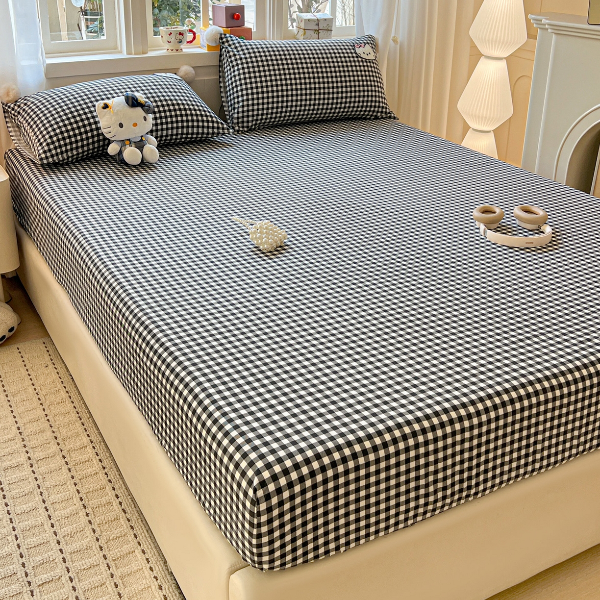 91家纺网 家纺一手货源 找家纺 富米莱（原臻工厂） 2026新款古法水洗仿棉床笠席梦思床罩杀床垫防滑罩床套罩床笠三件套 黑格