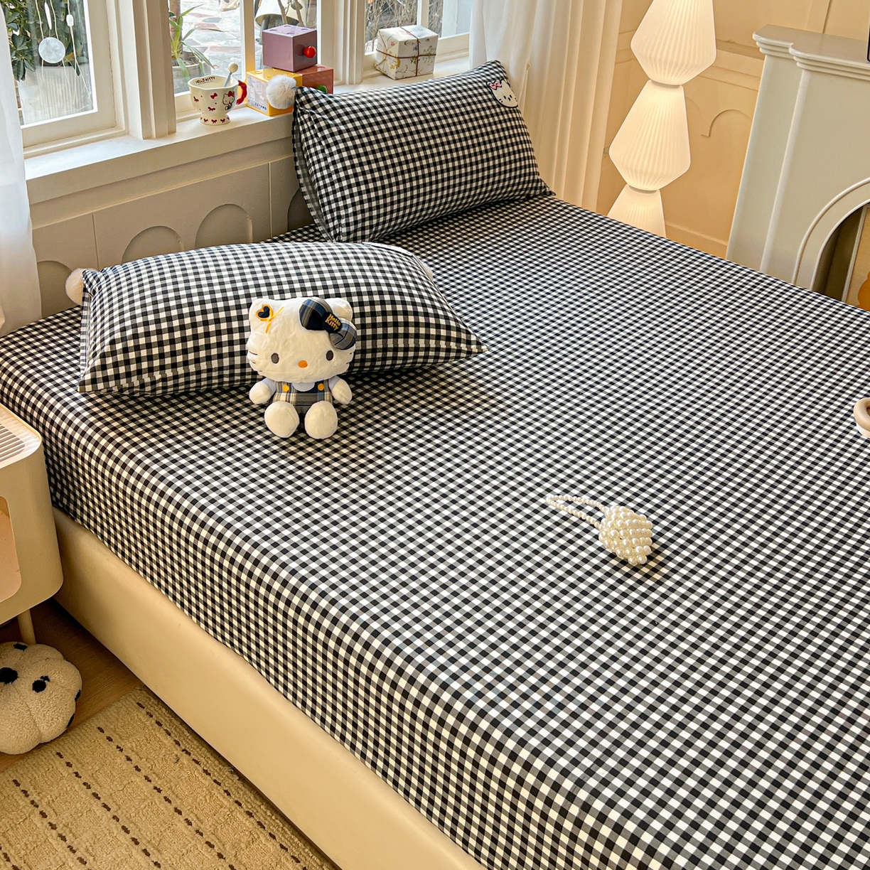 91家纺网 家纺一手货源 找家纺 富米莱（原臻工厂） 2026新款古法水洗仿棉床笠席梦思床罩杀床垫防滑罩床套罩床笠三件套 黑格