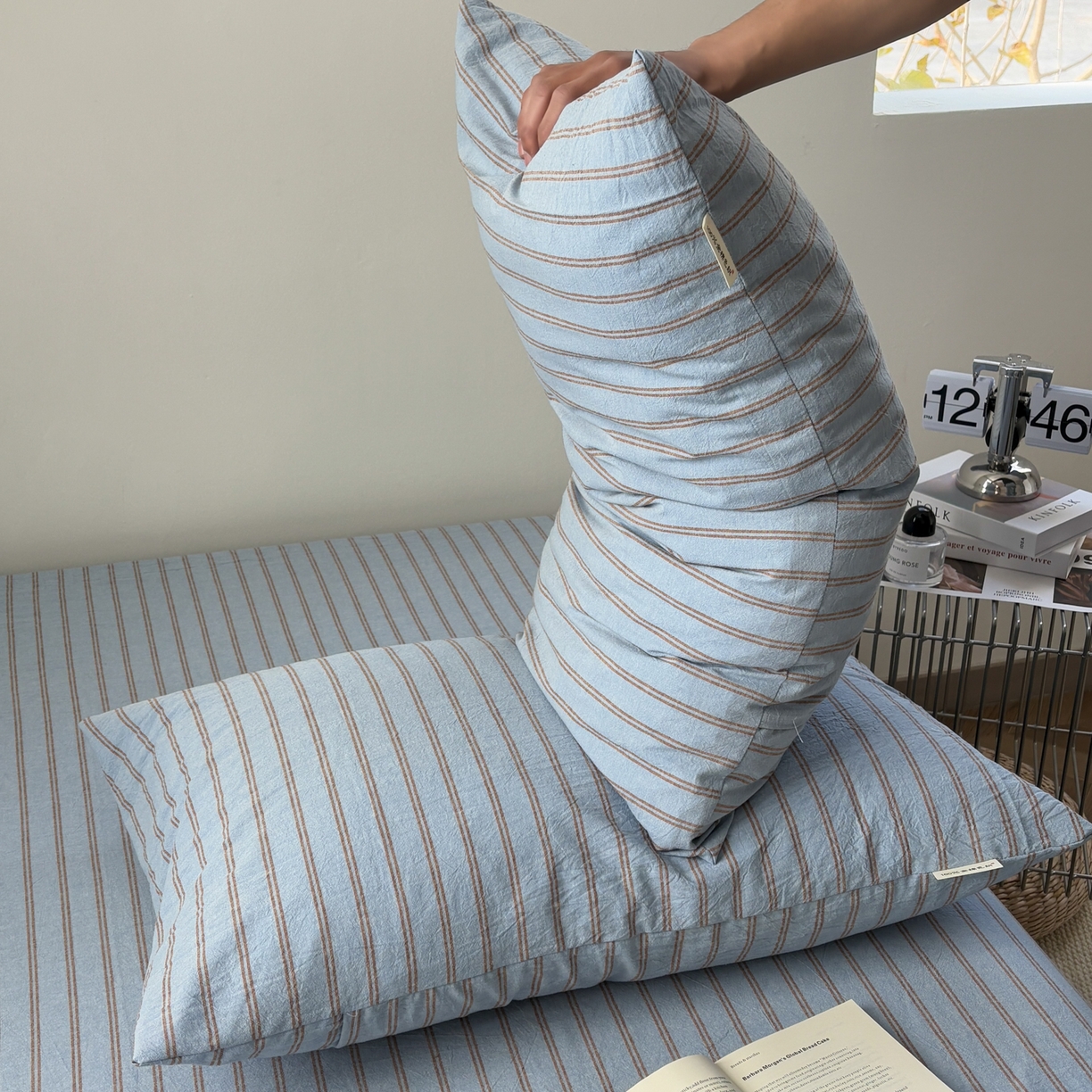 91家纺网 家纺一手货源 找家纺 居眠 2026新款单层色织水洗格子全棉枕套 单层款-摩登蓝卡条