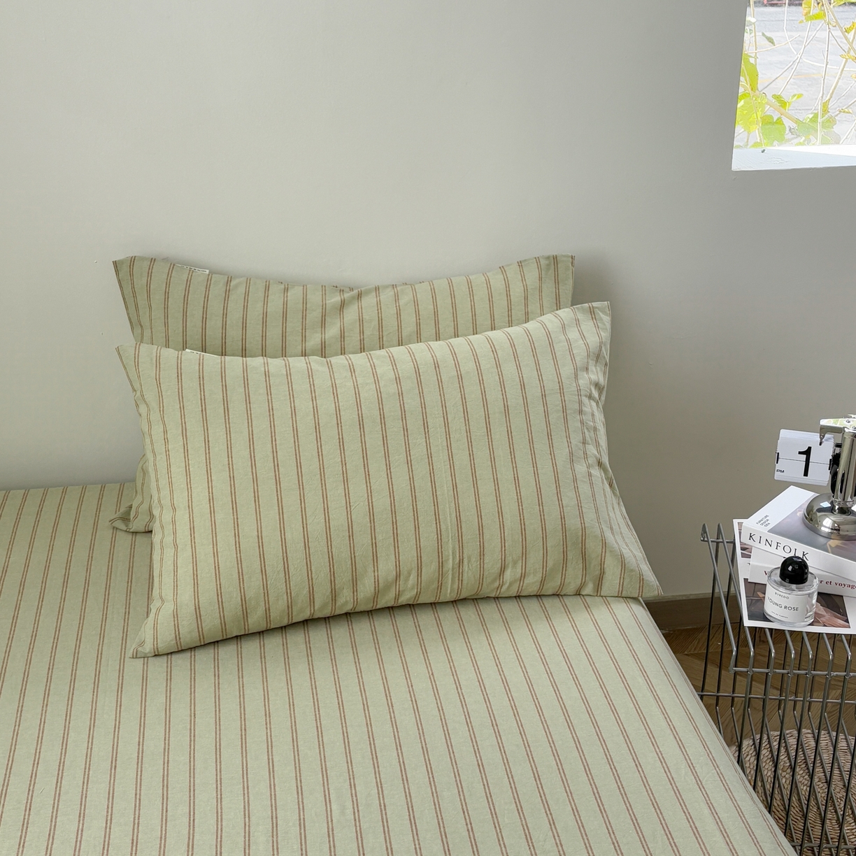 91家纺网 家纺一手货源 找家纺 居眠 2026新款单层色织水洗格子全棉枕套 单层款-摩登绿卡条