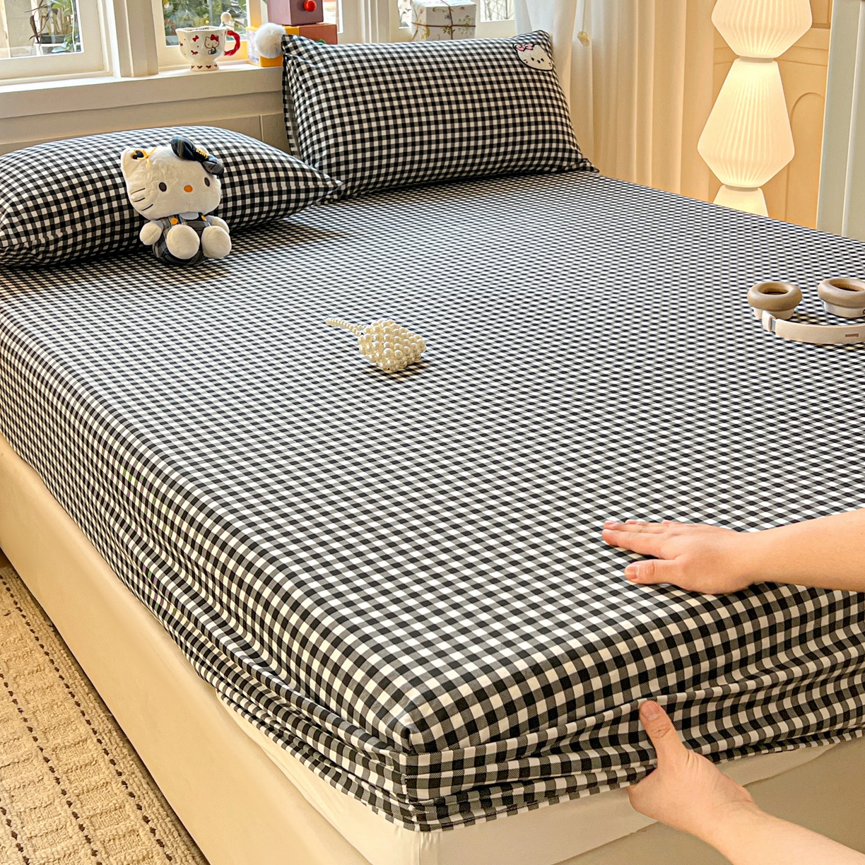 91家纺网 家纺一手货源 找家纺 富米莱（原臻工厂） 2026新款古法水洗仿棉床笠席梦思床罩杀床垫防滑罩床套罩床笠三件套 黑格