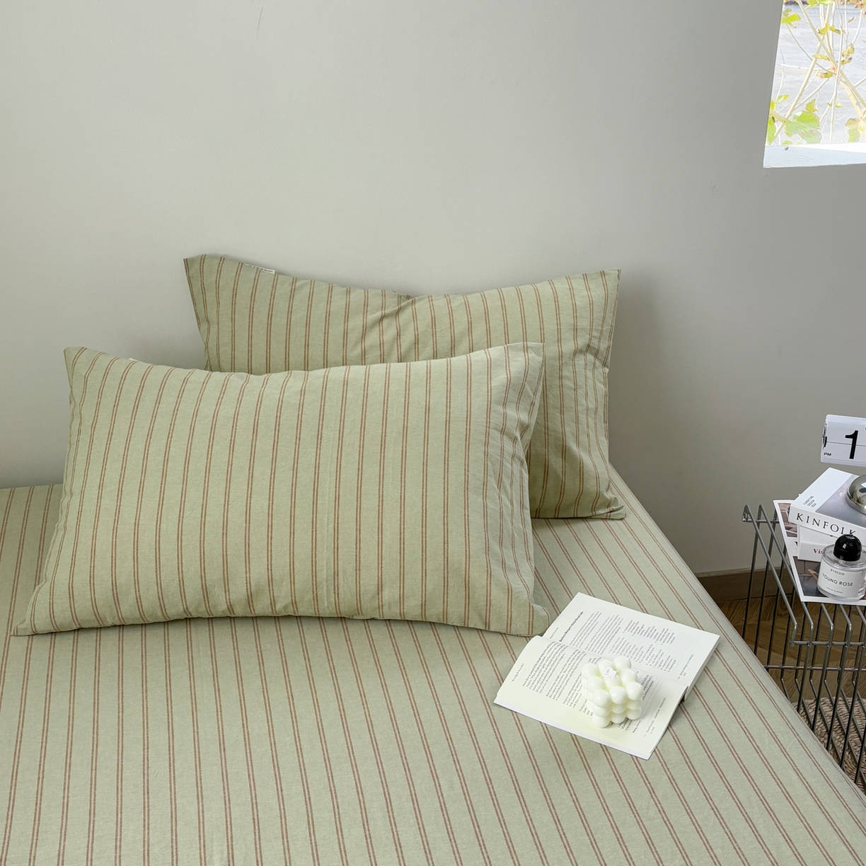 居眠 2026新款单层色织水洗格子全棉枕套 单层款-摩登绿卡条