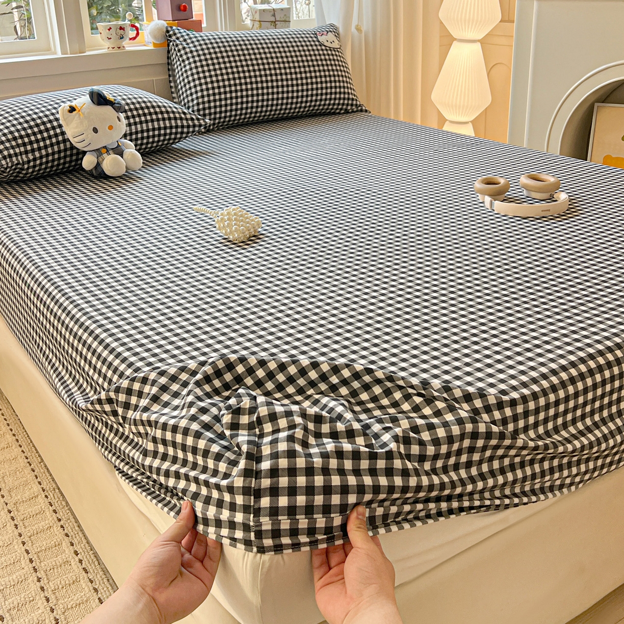 91家纺网 家纺一手货源 找家纺 富米莱（原臻工厂） 2026新款古法水洗仿棉床笠席梦思床罩杀床垫防滑罩床套罩床笠三件套 黑格