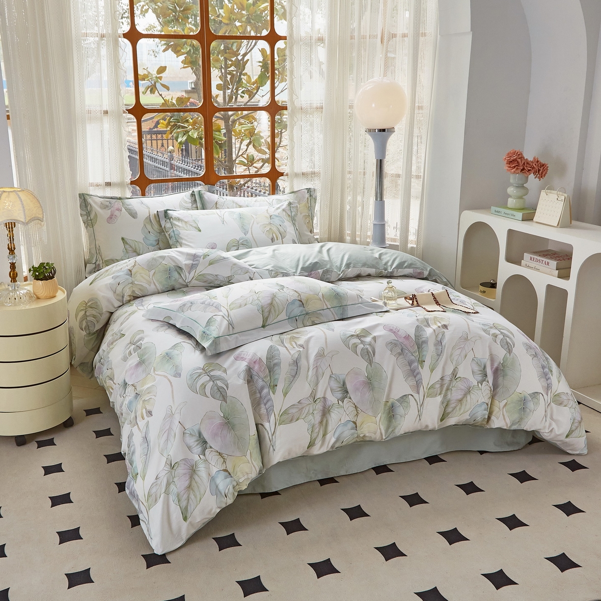 91家纺网 家纺一手货源 找家纺 启航家居 2026新款全棉铂金棉数码印花四件套 桐叶之信绿