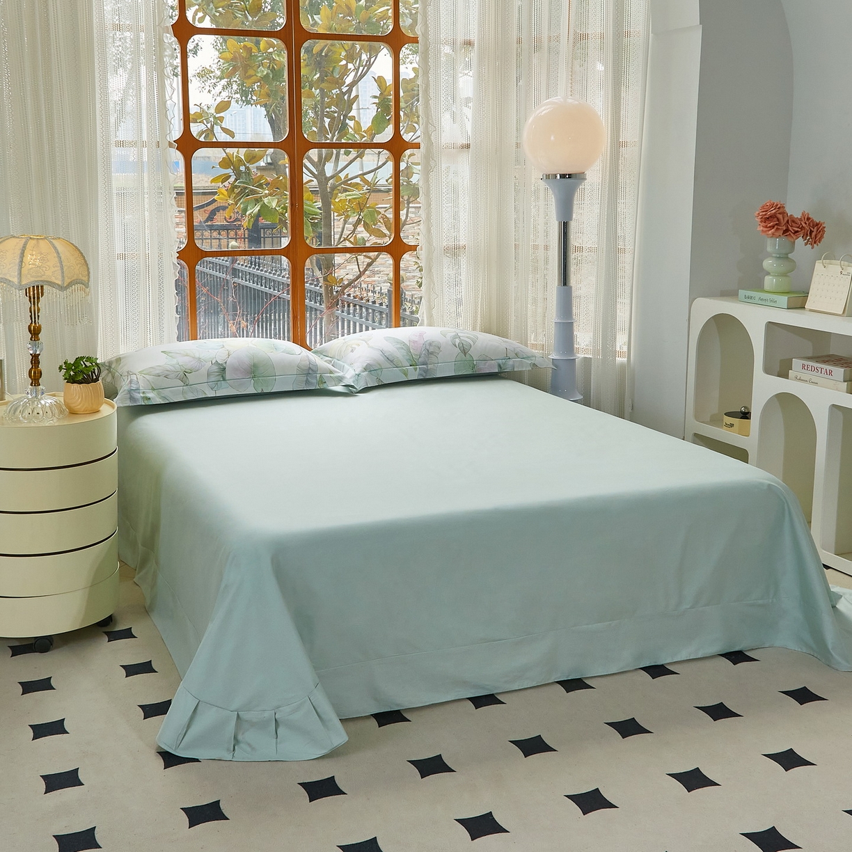 91家纺网 家纺一手货源 找家纺 启航家居 2026新款全棉铂金棉数码印花四件套 桐叶之信绿