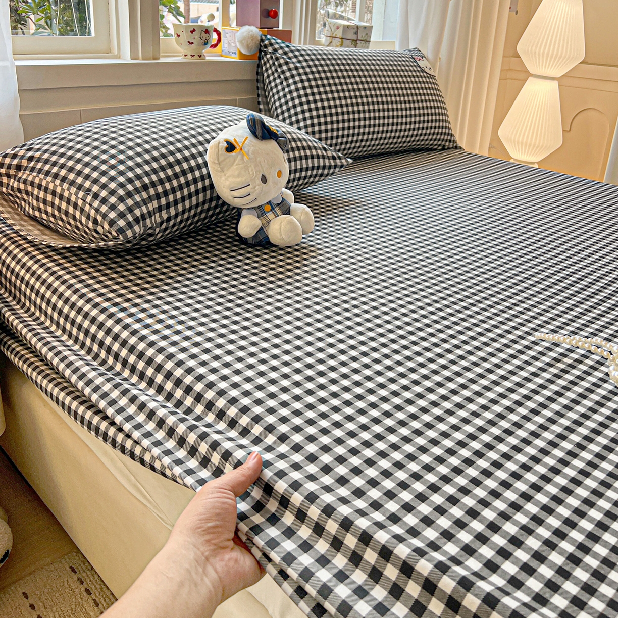 91家纺网 家纺一手货源 找家纺 富米莱（原臻工厂） 2026新款古法水洗仿棉床笠席梦思床罩杀床垫防滑罩床套罩床笠三件套 黑格