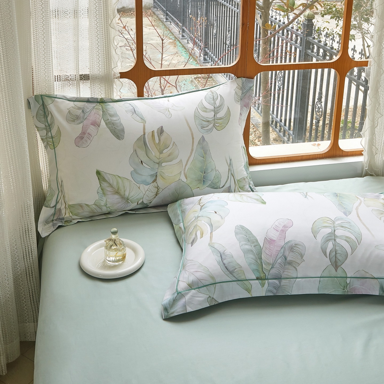 91家纺网 家纺一手货源 找家纺 启航家居 2026新款全棉铂金棉数码印花四件套 桐叶之信绿