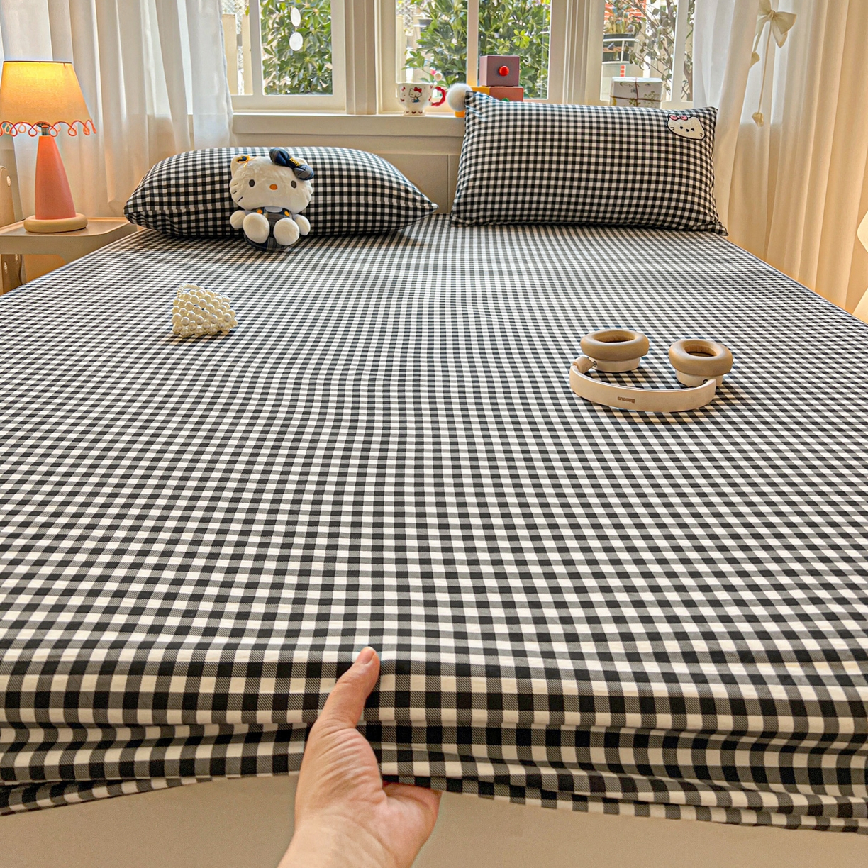 91家纺网 家纺一手货源 找家纺 富米莱（原臻工厂） 2026新款古法水洗仿棉床笠席梦思床罩杀床垫防滑罩床套罩床笠三件套 黑格