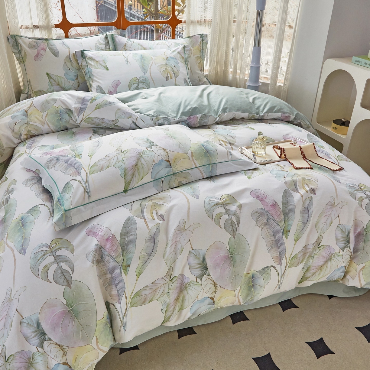 91家纺网 家纺一手货源 找家纺 启航家居 2026新款全棉铂金棉数码印花四件套 桐叶之信绿