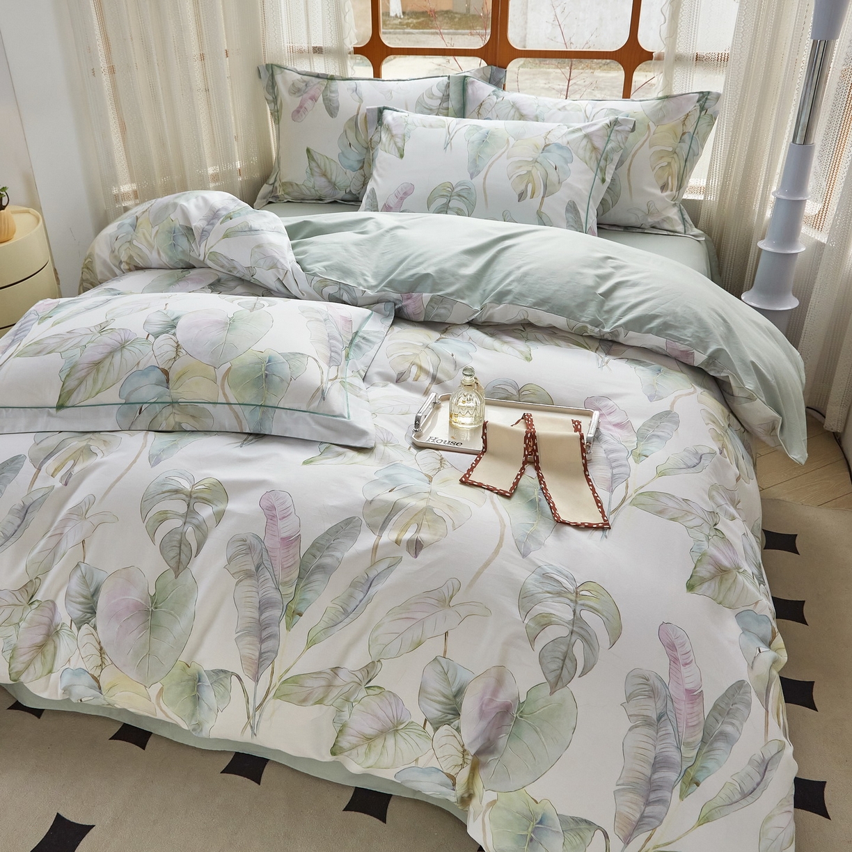 91家纺网 家纺一手货源 找家纺 启航家居 2026新款全棉铂金棉数码印花四件套 桐叶之信绿