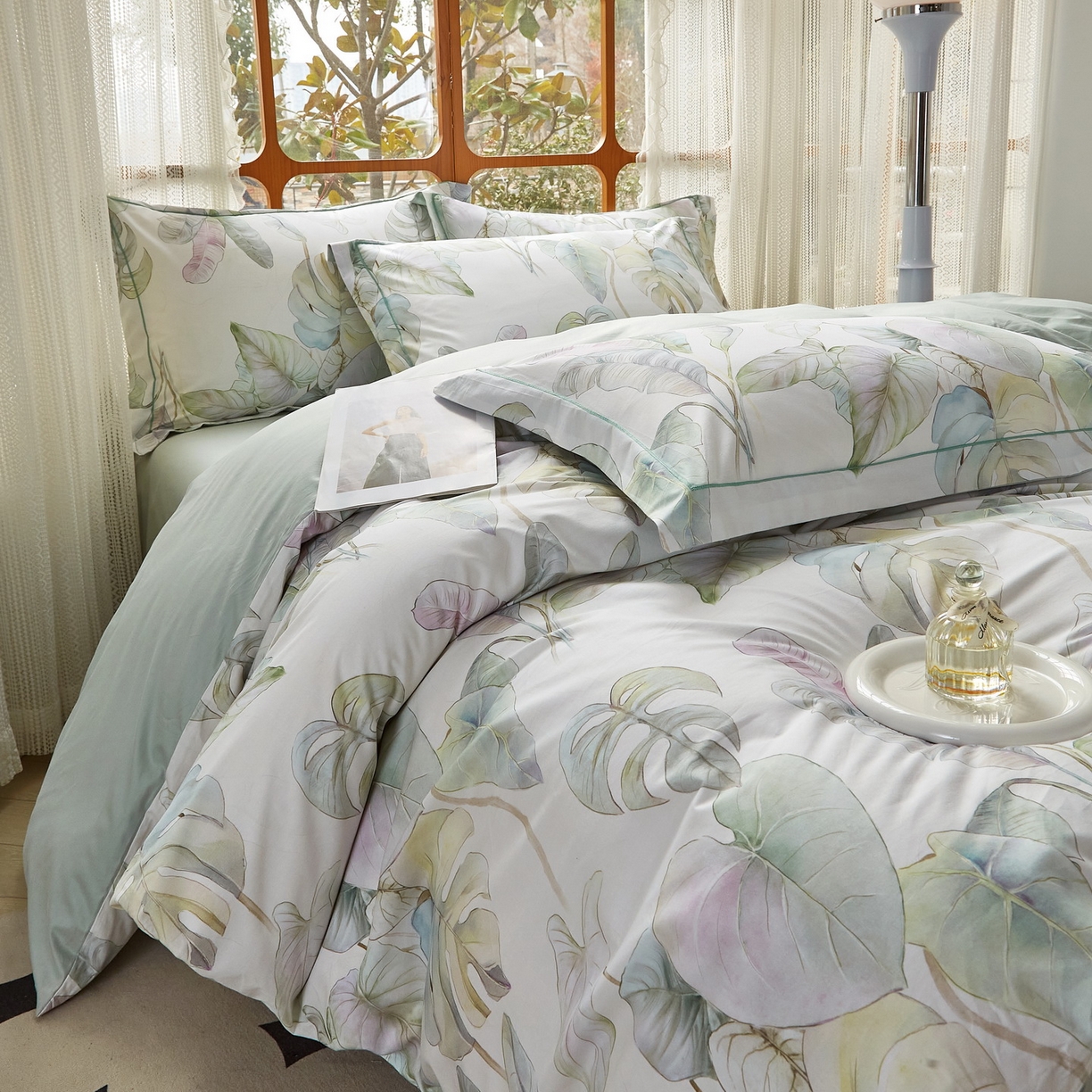 91家纺网 家纺一手货源 找家纺 启航家居 2026新款全棉铂金棉数码印花四件套 桐叶之信绿