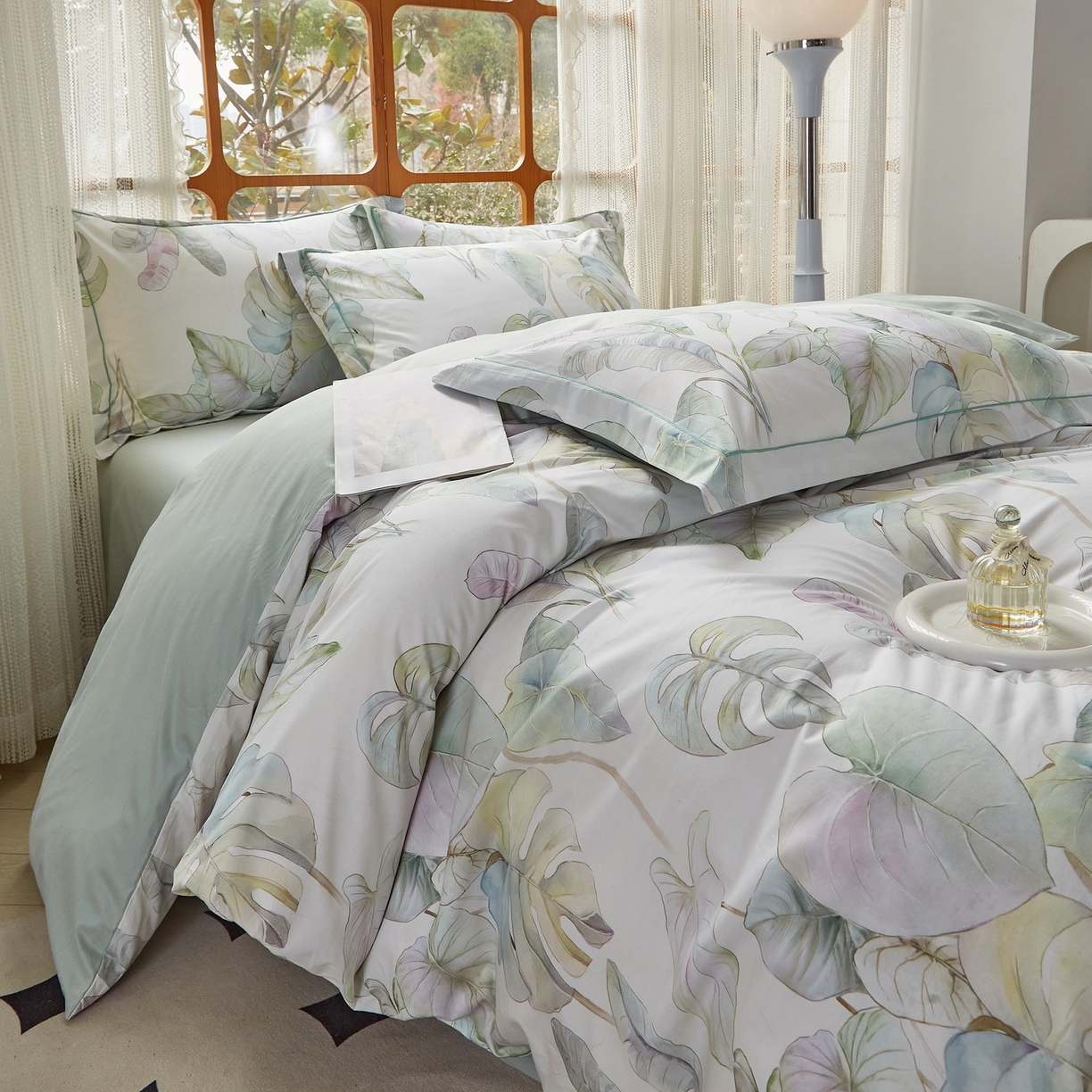 91家纺网 家纺一手货源 找家纺 启航家居 2026新款全棉铂金棉数码印花四件套 桐叶之信绿