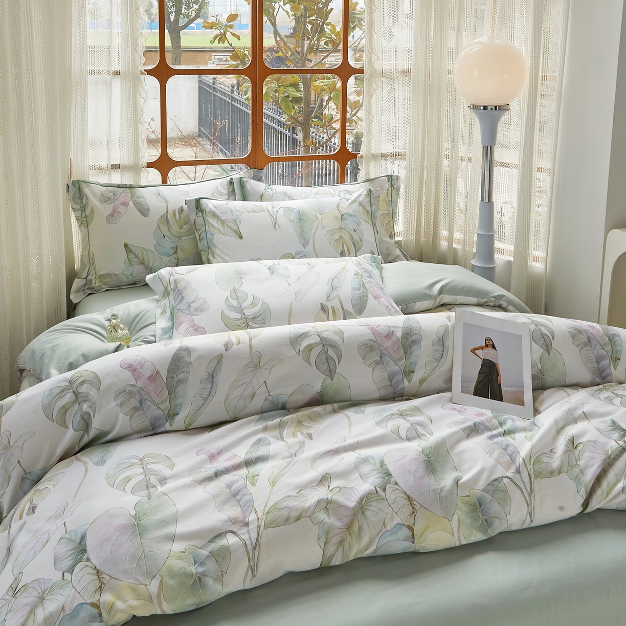 91家纺网 家纺一手货源 找家纺 启航家居 2026新款全棉铂金棉数码印花四件套 桐叶之信绿