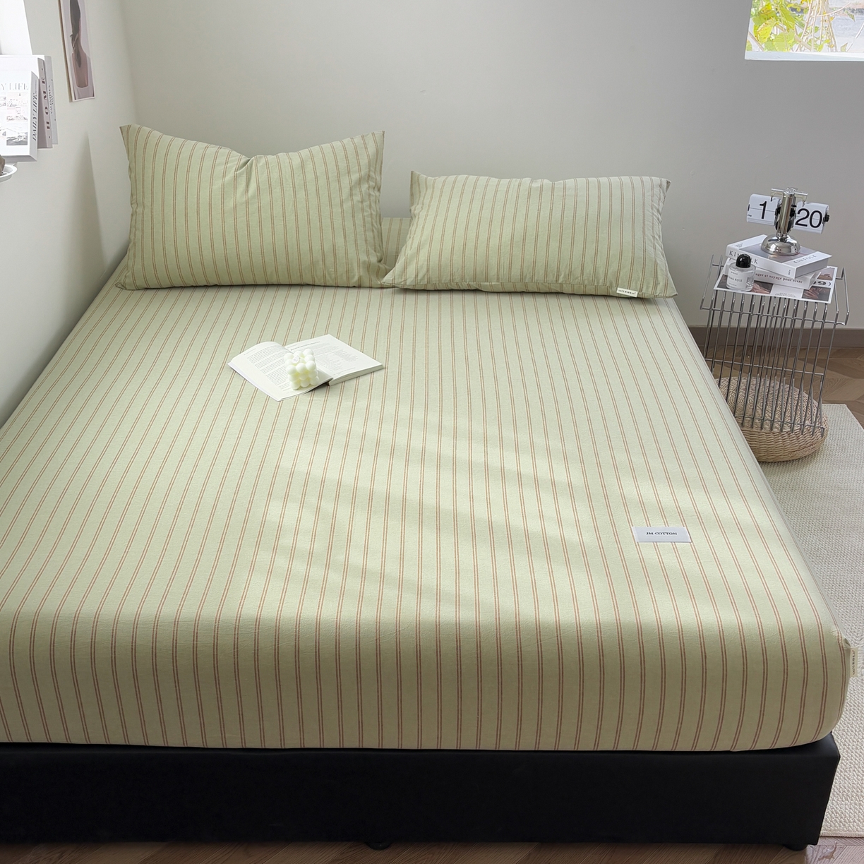 居眠 2026新款单层色织水洗格子全棉床笠 单层款-摩登绿卡条