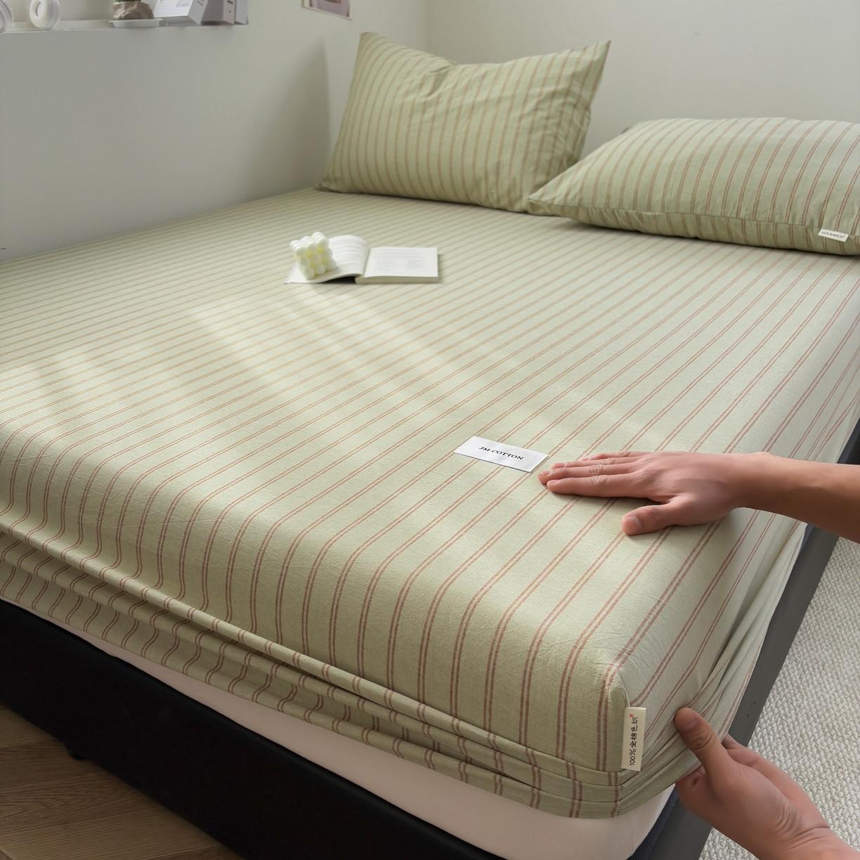 91家纺网 家纺一手货源 找家纺 居眠 2026新款单层色织水洗格子全棉床笠 单层款-摩登绿卡条