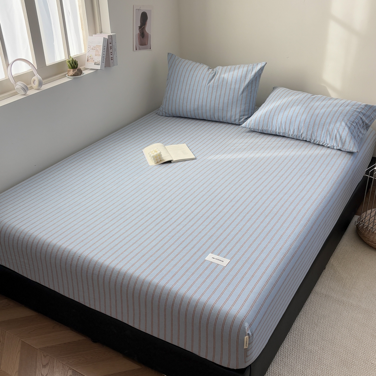 91家纺网 家纺一手货源 找家纺 居眠 2026新款单层色织水洗格子全棉床笠 单层款-摩登蓝卡条