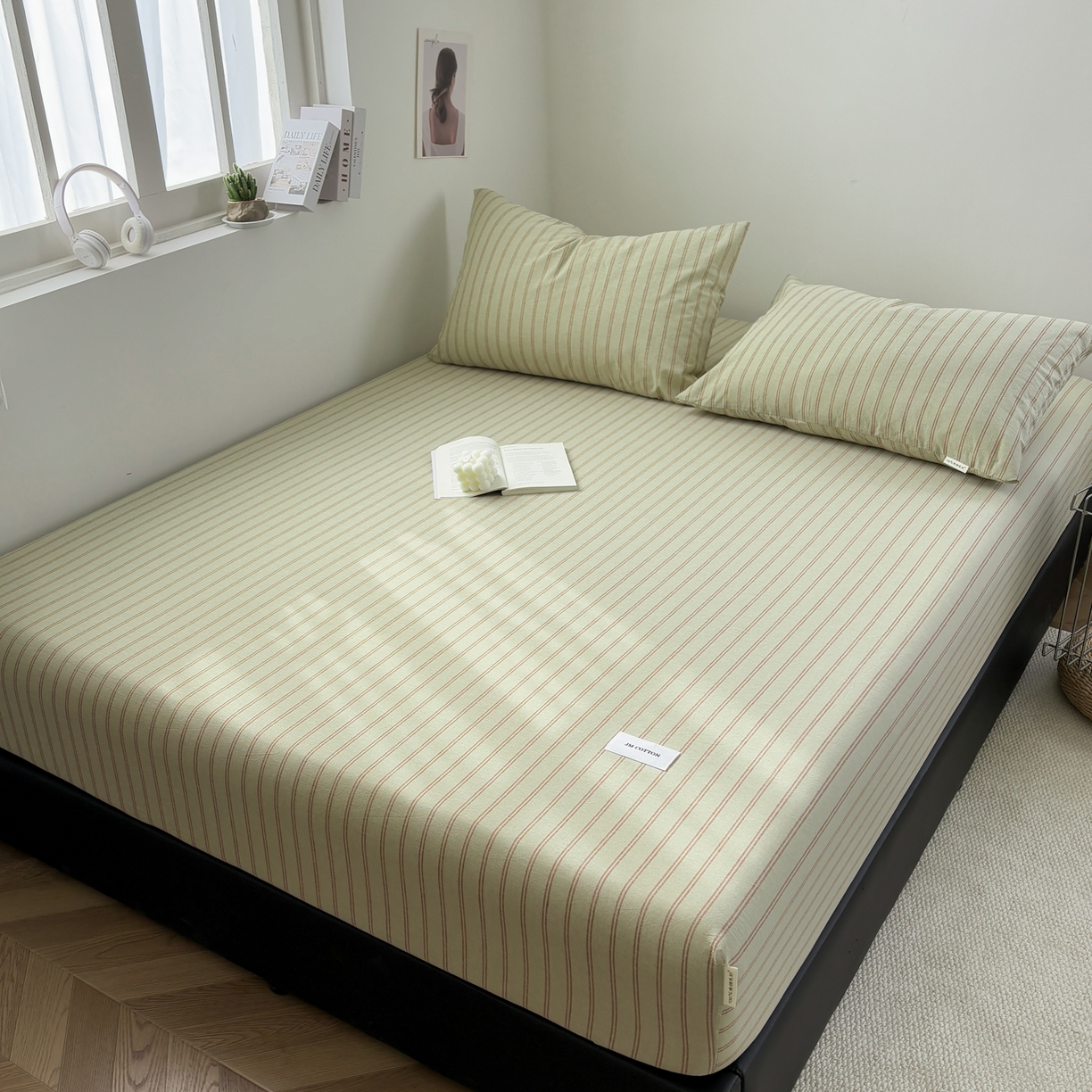 91家纺网 家纺一手货源 找家纺 居眠 2026新款单层色织水洗格子全棉床笠 单层款-摩登绿卡条