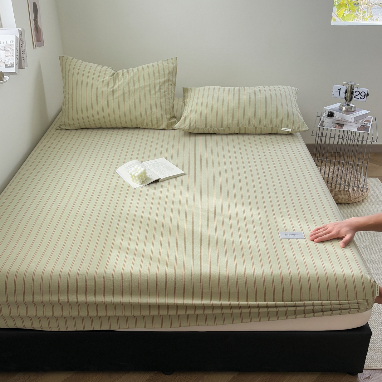 91家纺网 家纺一手货源 找家纺 居眠 2026新款单层色织水洗格子全棉床笠 单层款-摩登绿卡条