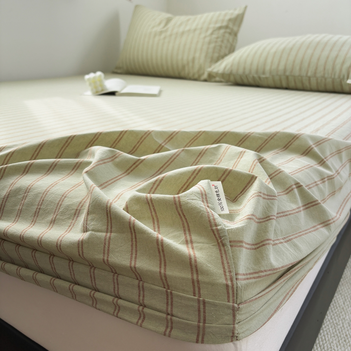 91家纺网 家纺一手货源 找家纺 居眠 2026新款单层色织水洗格子全棉床笠 单层款-摩登绿卡条
