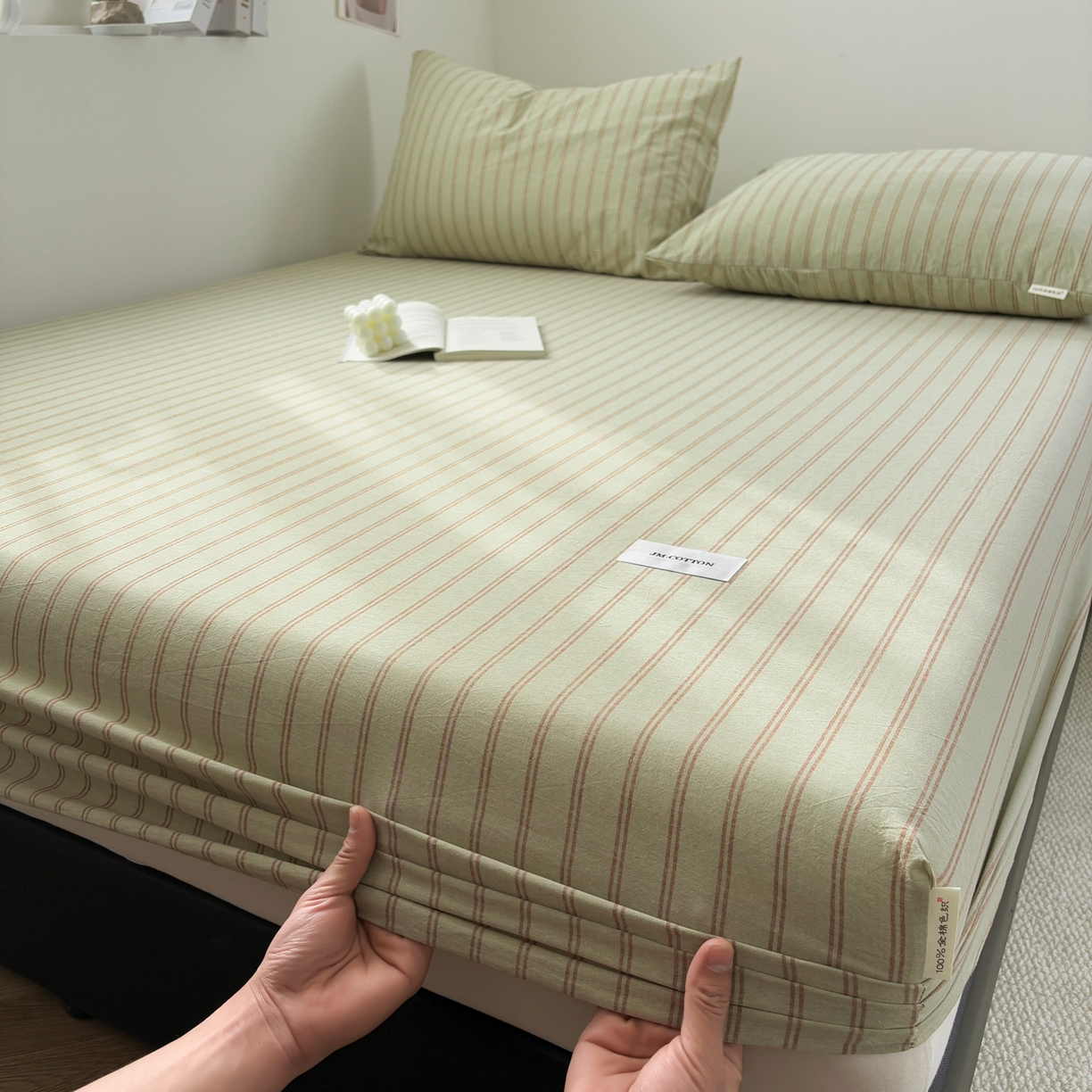 91家纺网 家纺一手货源 找家纺 居眠 2026新款单层色织水洗格子全棉床笠 单层款-摩登绿卡条