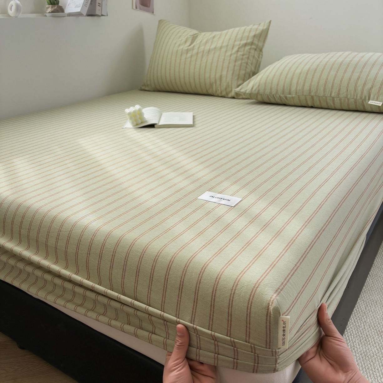 91家纺网 家纺一手货源 找家纺 居眠 2026新款单层色织水洗格子全棉床笠 单层款-摩登绿卡条