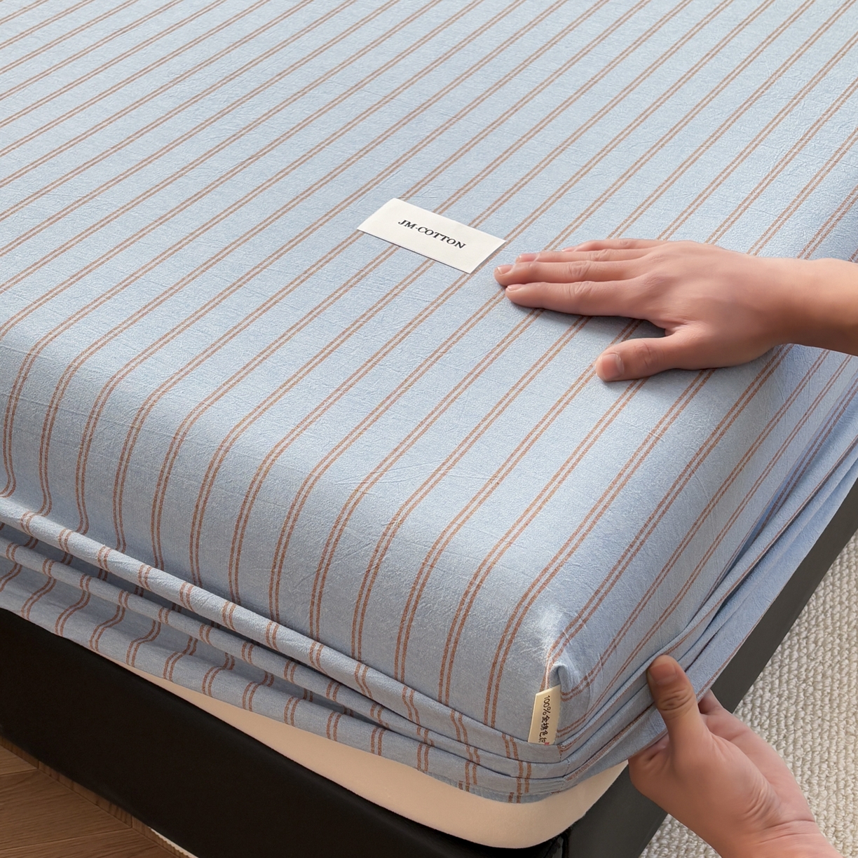 91家纺网 家纺一手货源 找家纺 居眠 2026新款单层色织水洗格子全棉床笠 单层款-摩登蓝卡条