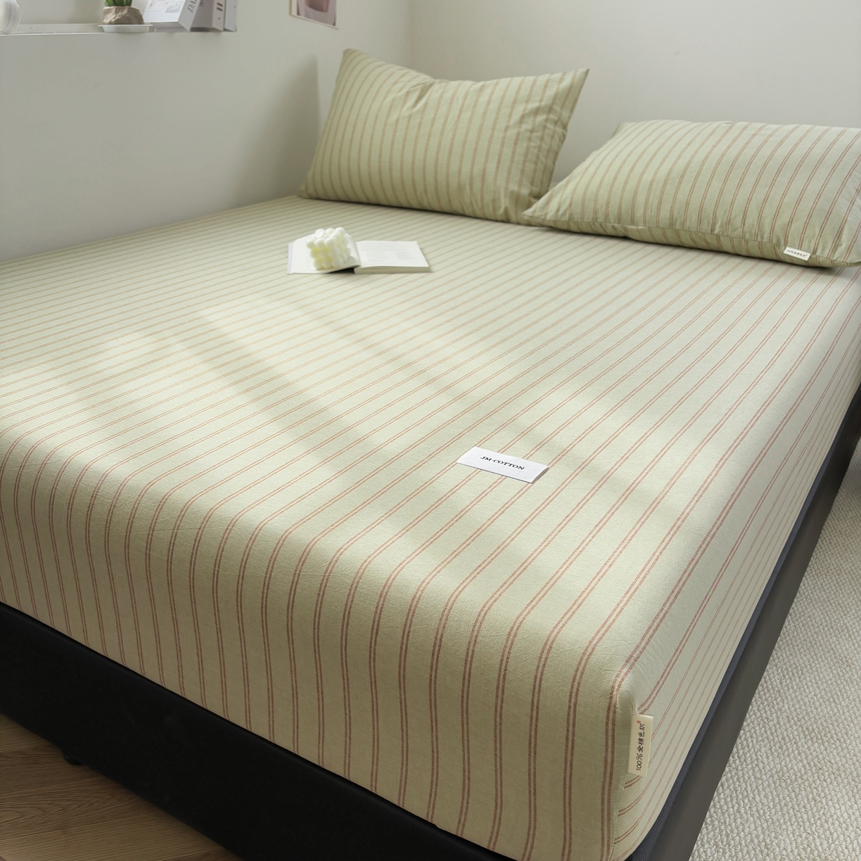 91家纺网 家纺一手货源 找家纺 居眠 2026新款单层色织水洗格子全棉床笠 单层款-摩登绿卡条