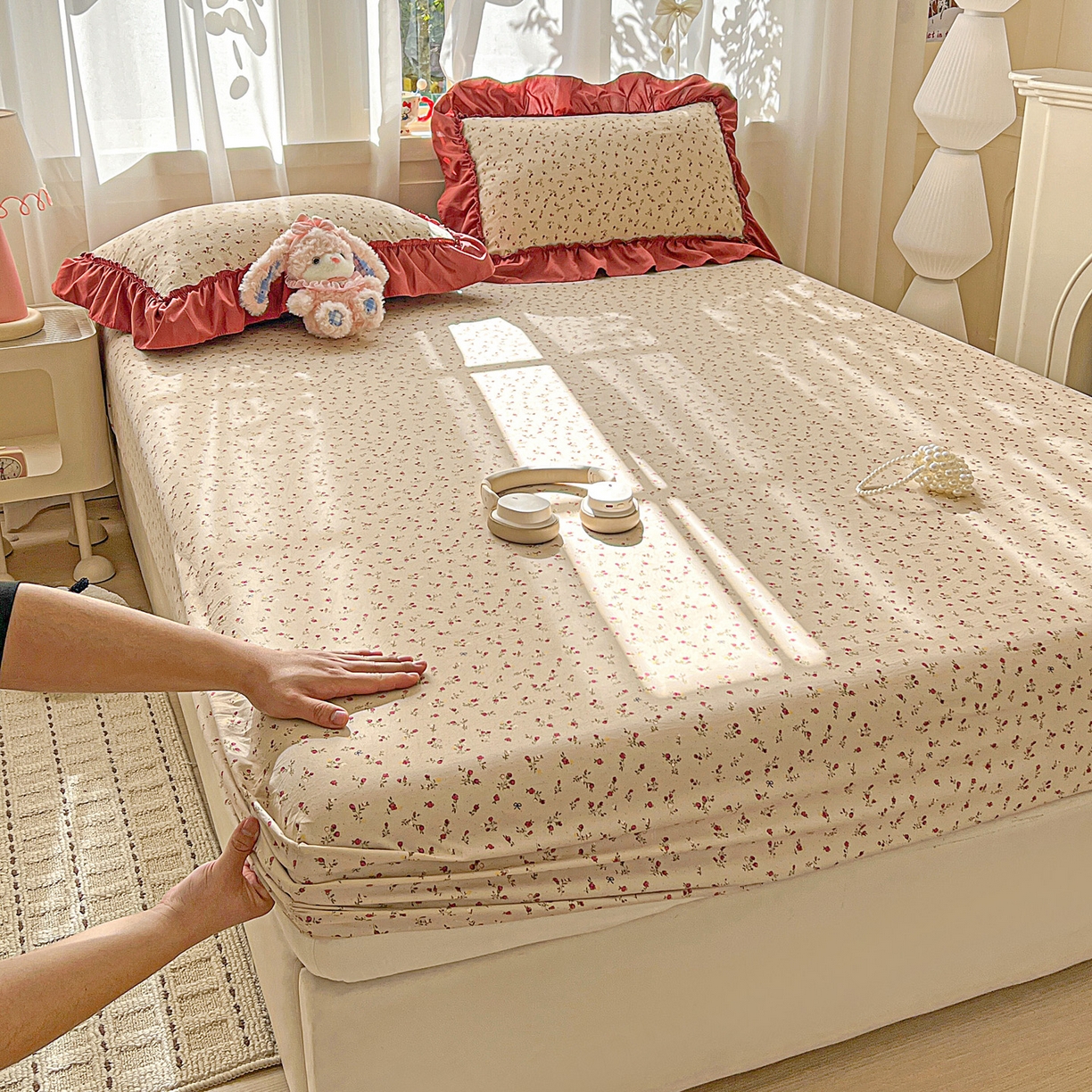 富米莱（原臻工厂） 2026新款古法水洗仿棉床笠席梦思床罩杀床垫防滑罩床套罩床笠三件套 花影