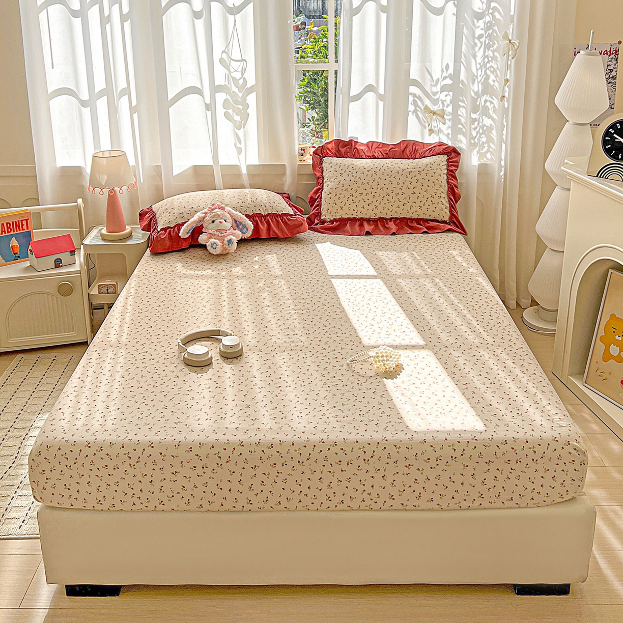 91家纺网 家纺一手货源 找家纺 富米莱（原臻工厂） 2026新款古法水洗仿棉床笠席梦思床罩杀床垫防滑罩床套罩床笠三件套 花影