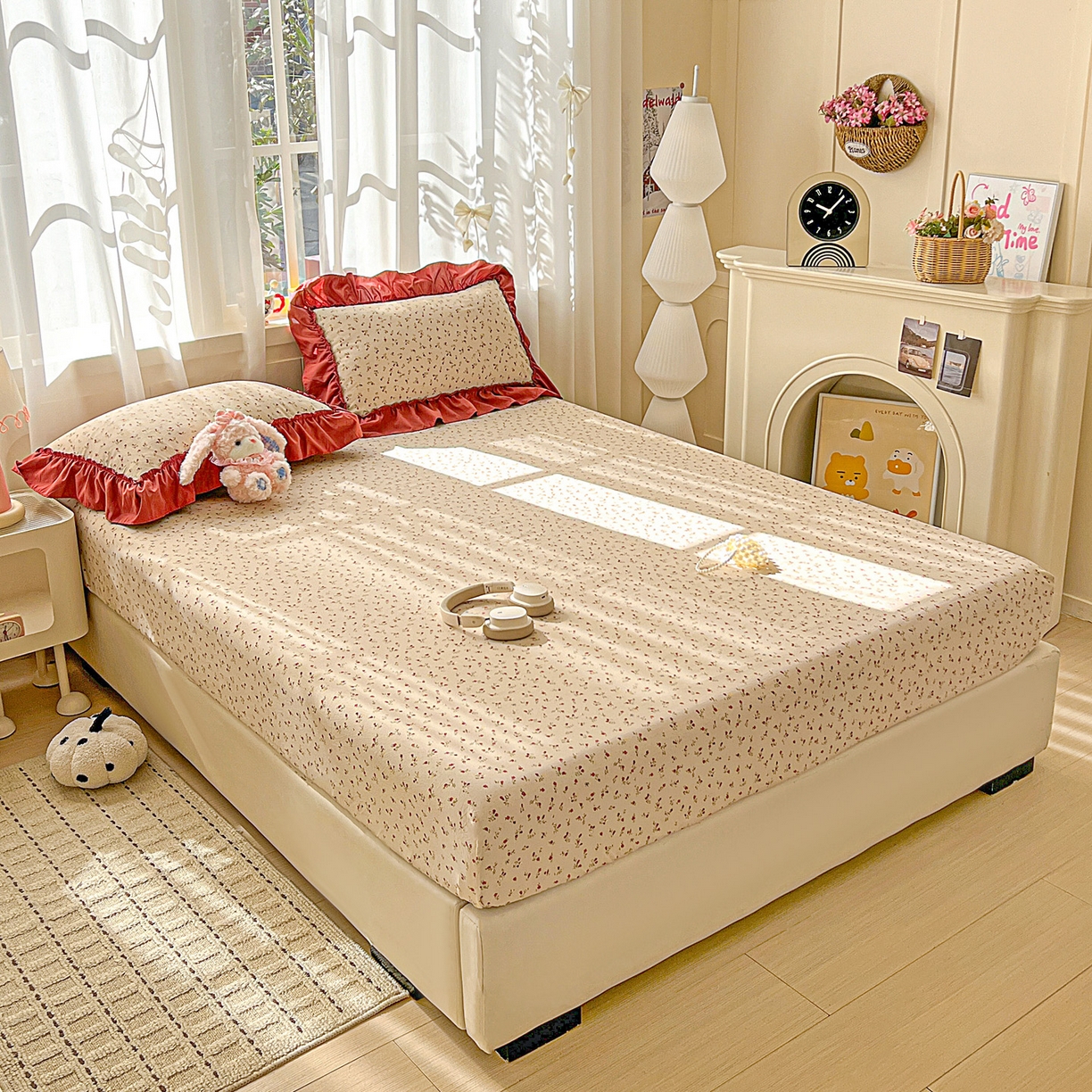 91家纺网 家纺一手货源 找家纺 富米莱（原臻工厂） 2026新款古法水洗仿棉床笠席梦思床罩杀床垫防滑罩床套罩床笠三件套 花影