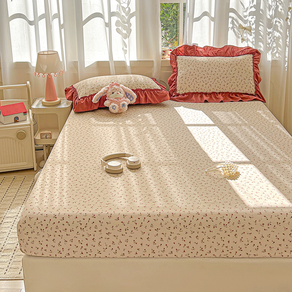 91家纺网 家纺一手货源 找家纺 富米莱（原臻工厂） 2026新款古法水洗仿棉床笠席梦思床罩杀床垫防滑罩床套罩床笠三件套 花影