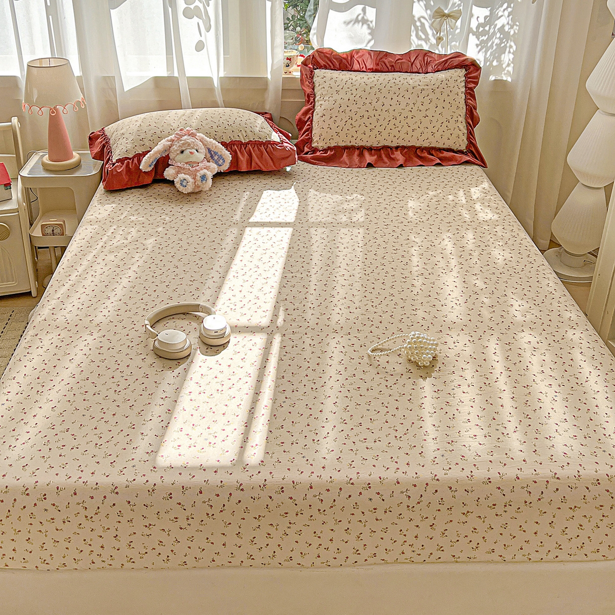 91家纺网 家纺一手货源 找家纺 富米莱（原臻工厂） 2026新款古法水洗仿棉床笠席梦思床罩杀床垫防滑罩床套罩床笠三件套 花影