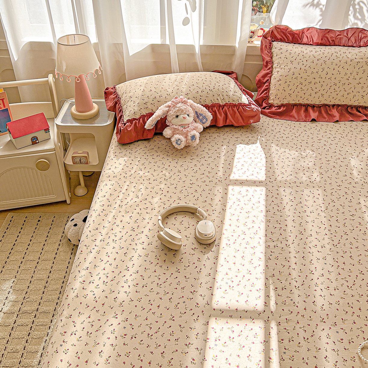 91家纺网 家纺一手货源 找家纺 富米莱（原臻工厂） 2026新款古法水洗仿棉床笠席梦思床罩杀床垫防滑罩床套罩床笠三件套 花影