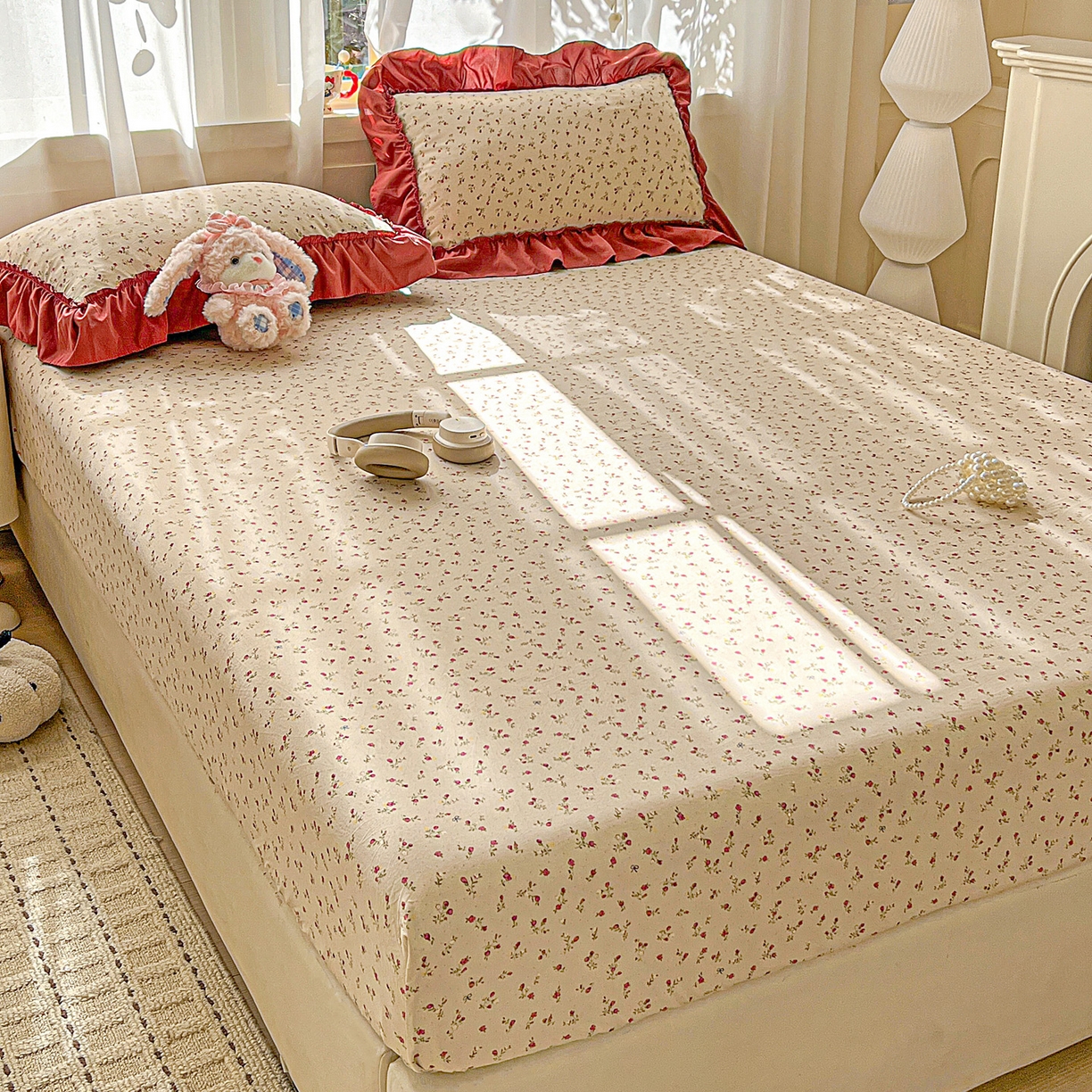 91家纺网 家纺一手货源 找家纺 富米莱（原臻工厂） 2026新款古法水洗仿棉床笠席梦思床罩杀床垫防滑罩床套罩床笠三件套 花影