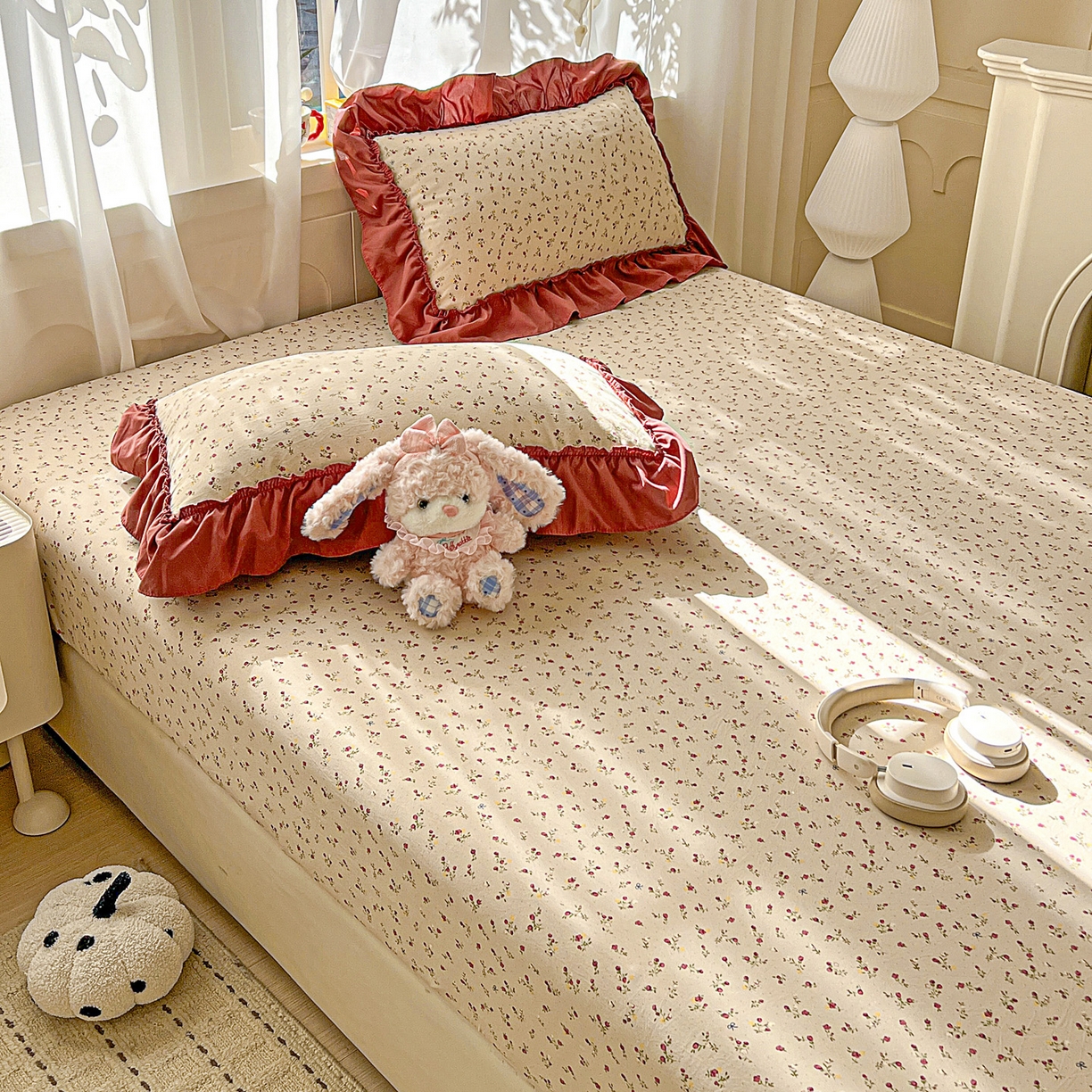 91家纺网 家纺一手货源 找家纺 富米莱（原臻工厂） 2026新款古法水洗仿棉床笠席梦思床罩杀床垫防滑罩床套罩床笠三件套 花影