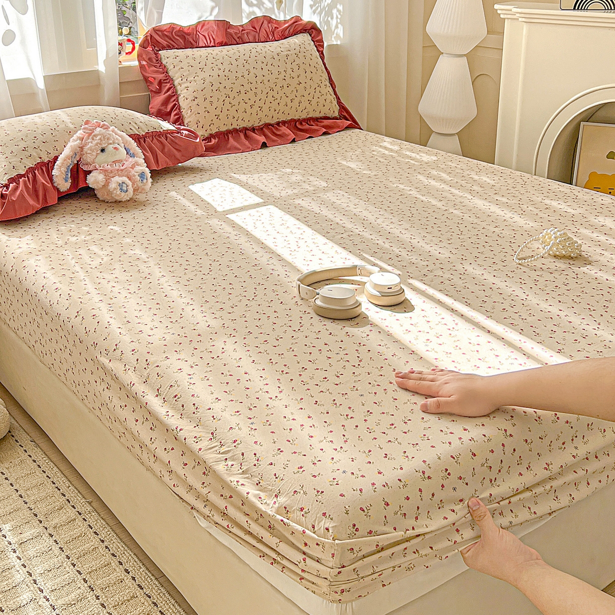 91家纺网 家纺一手货源 找家纺 富米莱（原臻工厂） 2026新款古法水洗仿棉床笠席梦思床罩杀床垫防滑罩床套罩床笠三件套 花影