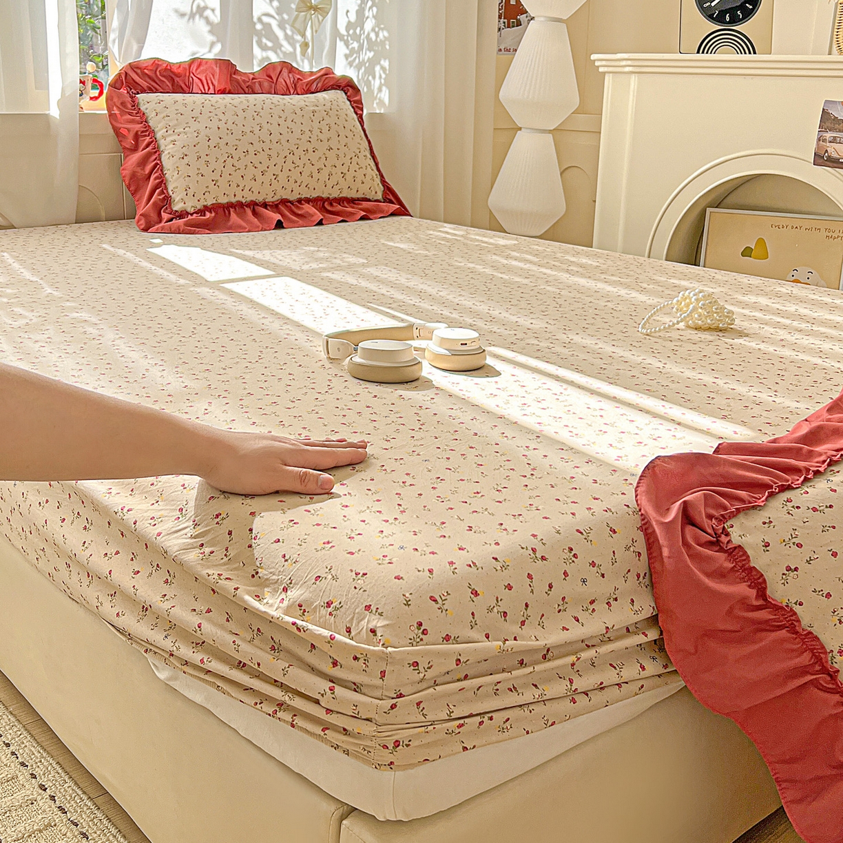 91家纺网 家纺一手货源 找家纺 富米莱（原臻工厂） 2026新款古法水洗仿棉床笠席梦思床罩杀床垫防滑罩床套罩床笠三件套 花影