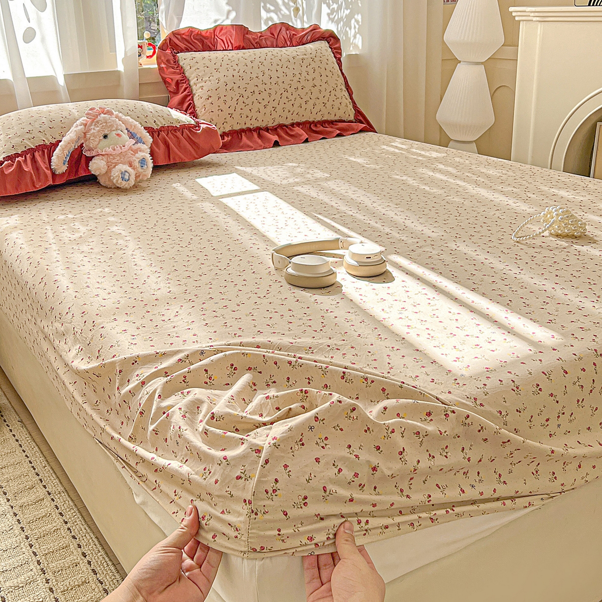 91家纺网 家纺一手货源 找家纺 富米莱（原臻工厂） 2026新款古法水洗仿棉床笠席梦思床罩杀床垫防滑罩床套罩床笠三件套 花影