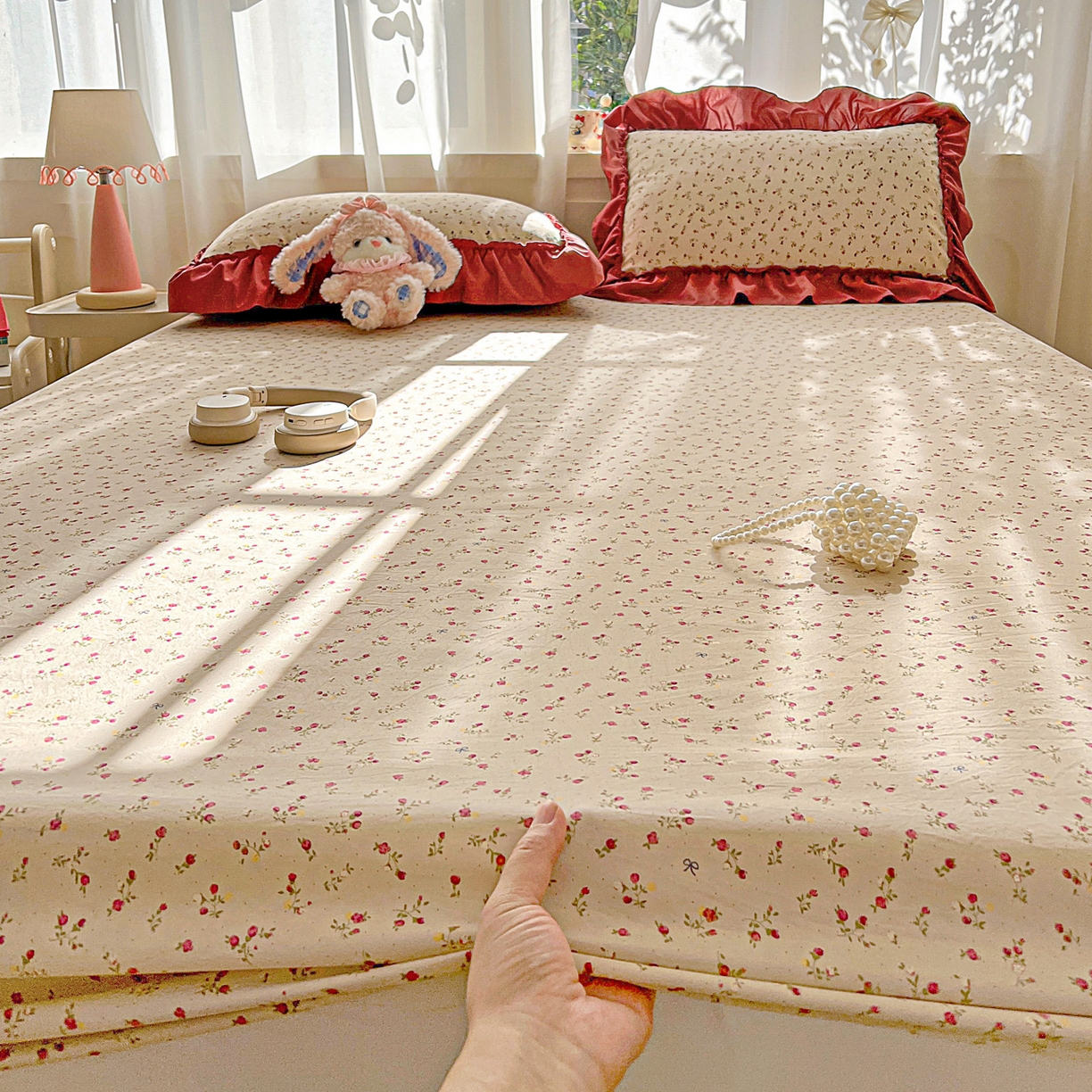 91家纺网 家纺一手货源 找家纺 富米莱（原臻工厂） 2026新款古法水洗仿棉床笠席梦思床罩杀床垫防滑罩床套罩床笠三件套 花影