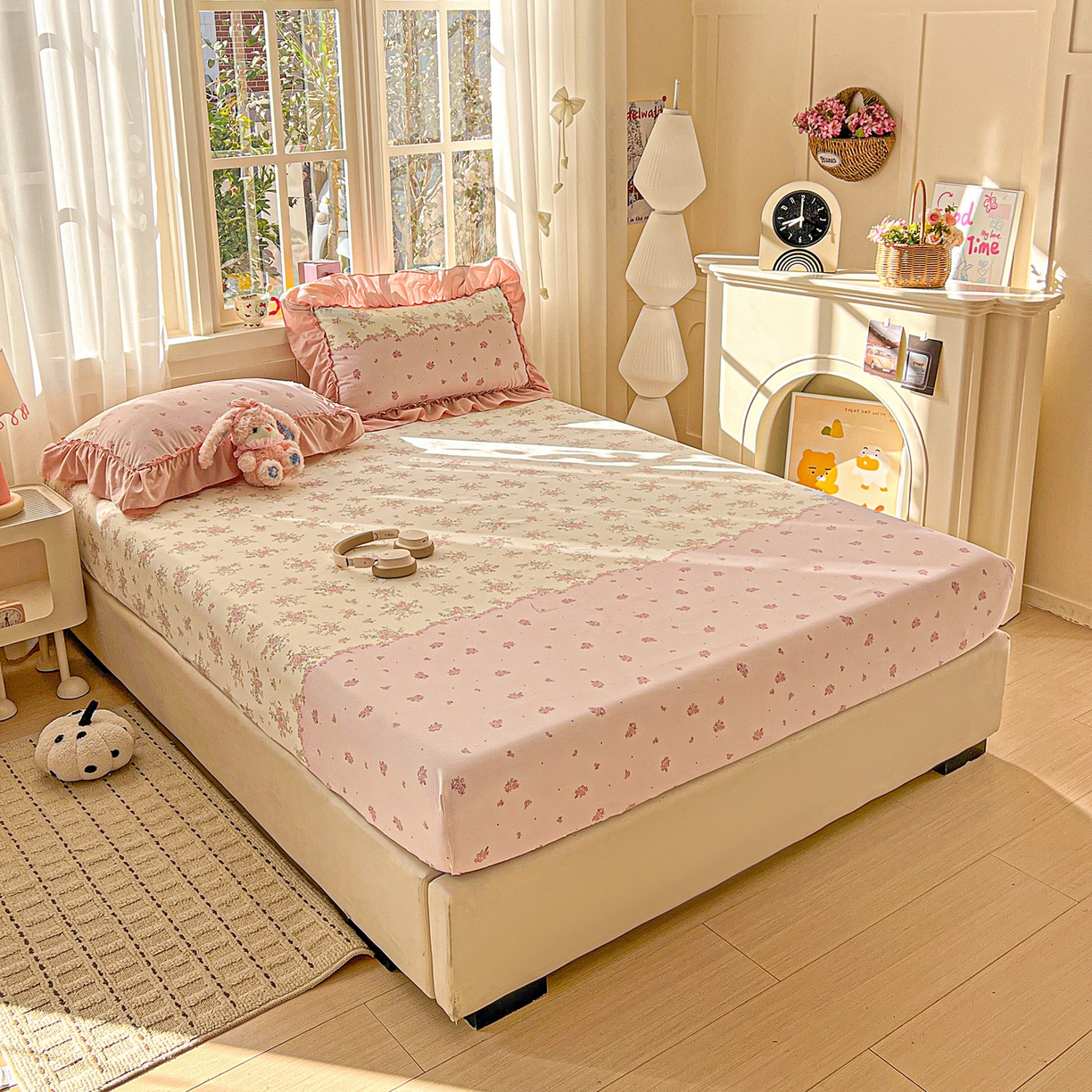 91家纺网 家纺一手货源 找家纺 富米莱（原臻工厂） 2026新款古法水洗仿棉床笠席梦思床罩杀床垫防滑罩床套罩床笠三件套 玫瑰庄园