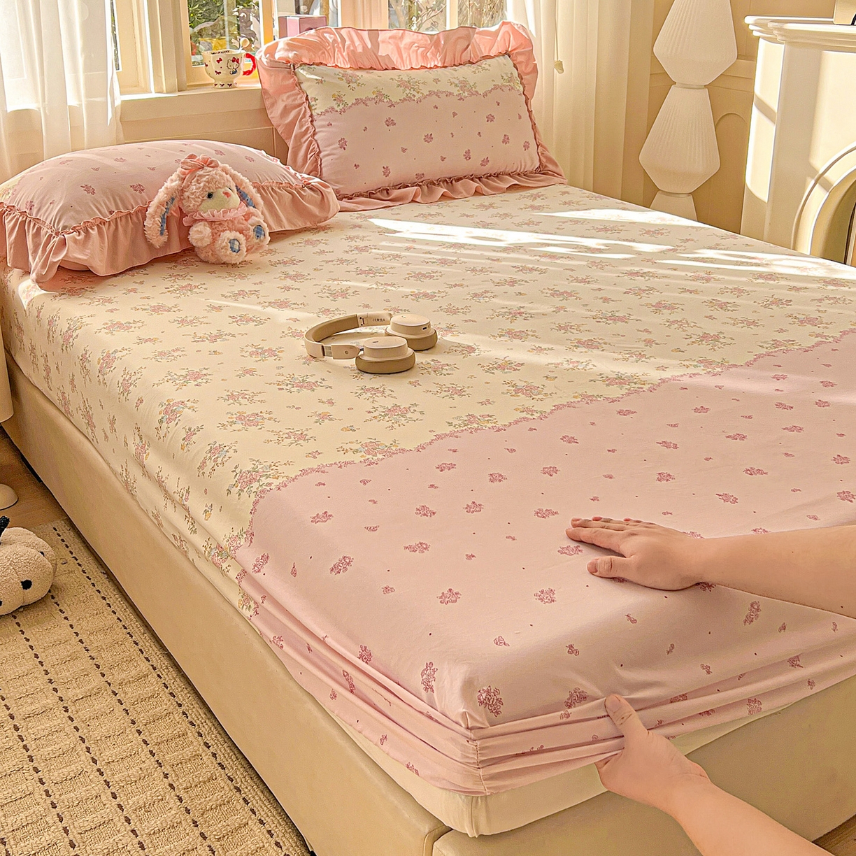 91家纺网 家纺一手货源 找家纺 富米莱（原臻工厂） 2026新款古法水洗仿棉床笠席梦思床罩杀床垫防滑罩床套罩床笠三件套 玫瑰庄园