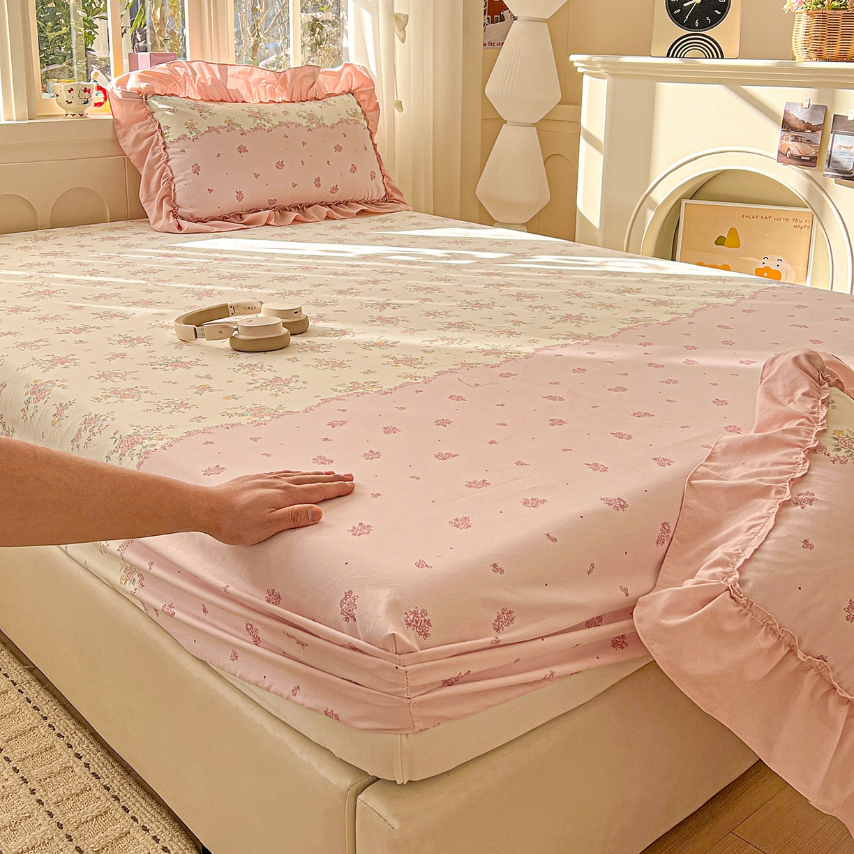 91家纺网 家纺一手货源 找家纺 富米莱（原臻工厂） 2026新款古法水洗仿棉床笠席梦思床罩杀床垫防滑罩床套罩床笠三件套 玫瑰庄园