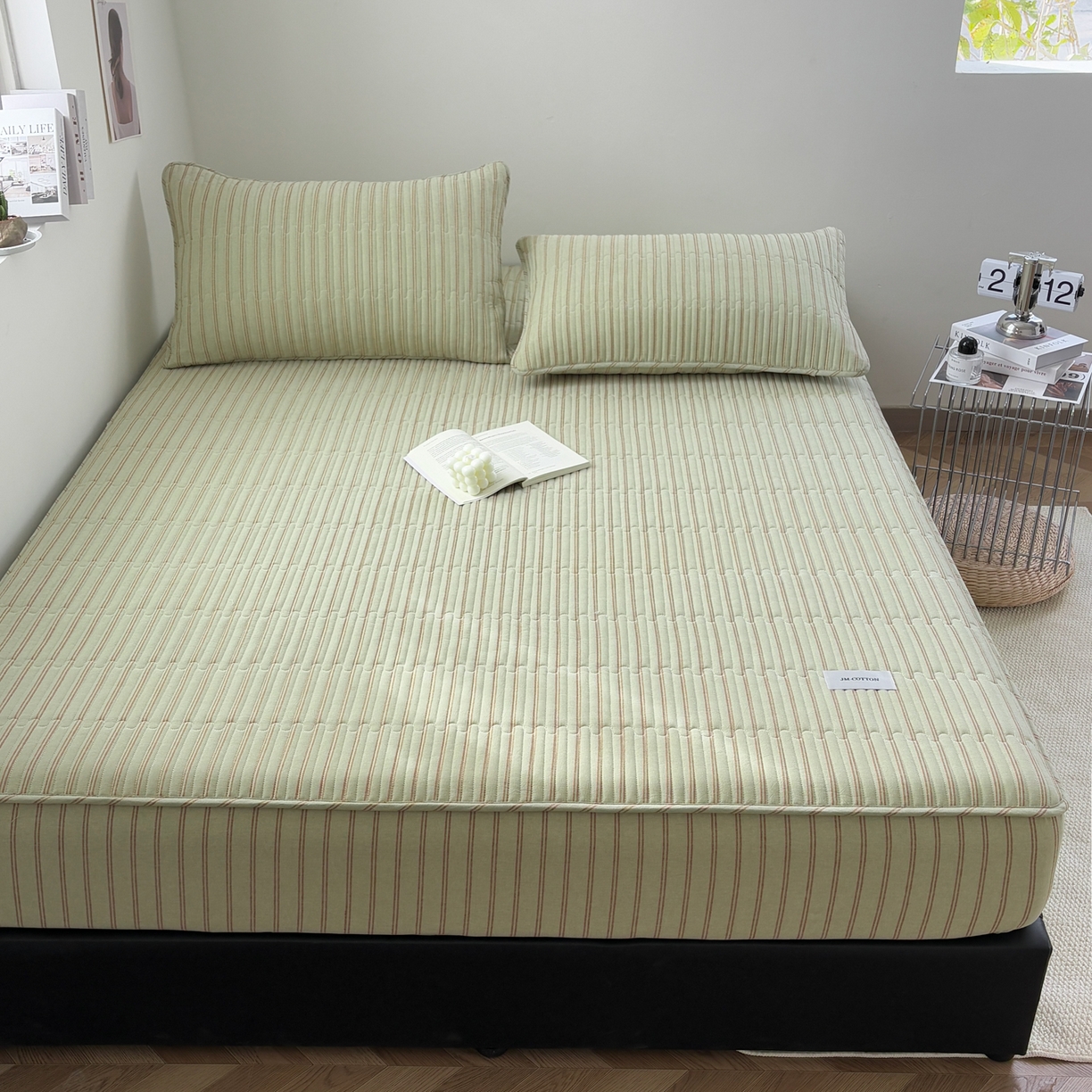 居眠 2026新款全棉色织水洗棉格子夹棉棉花床笠 夹棉款-摩登绿卡条