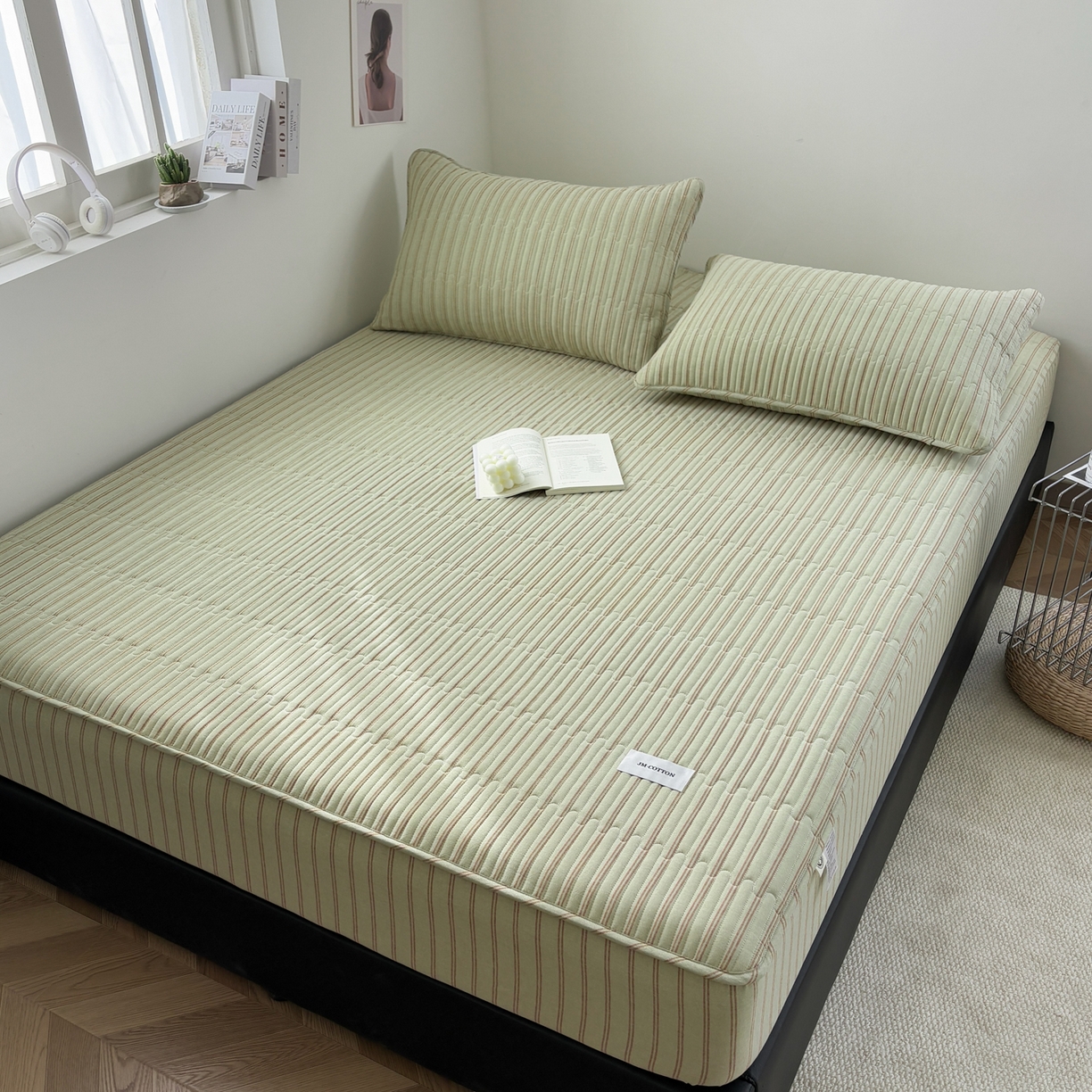 91家纺网 家纺一手货源 找家纺 居眠 2026新款全棉色织水洗棉格子夹棉棉花床笠 夹棉款-摩登绿卡条