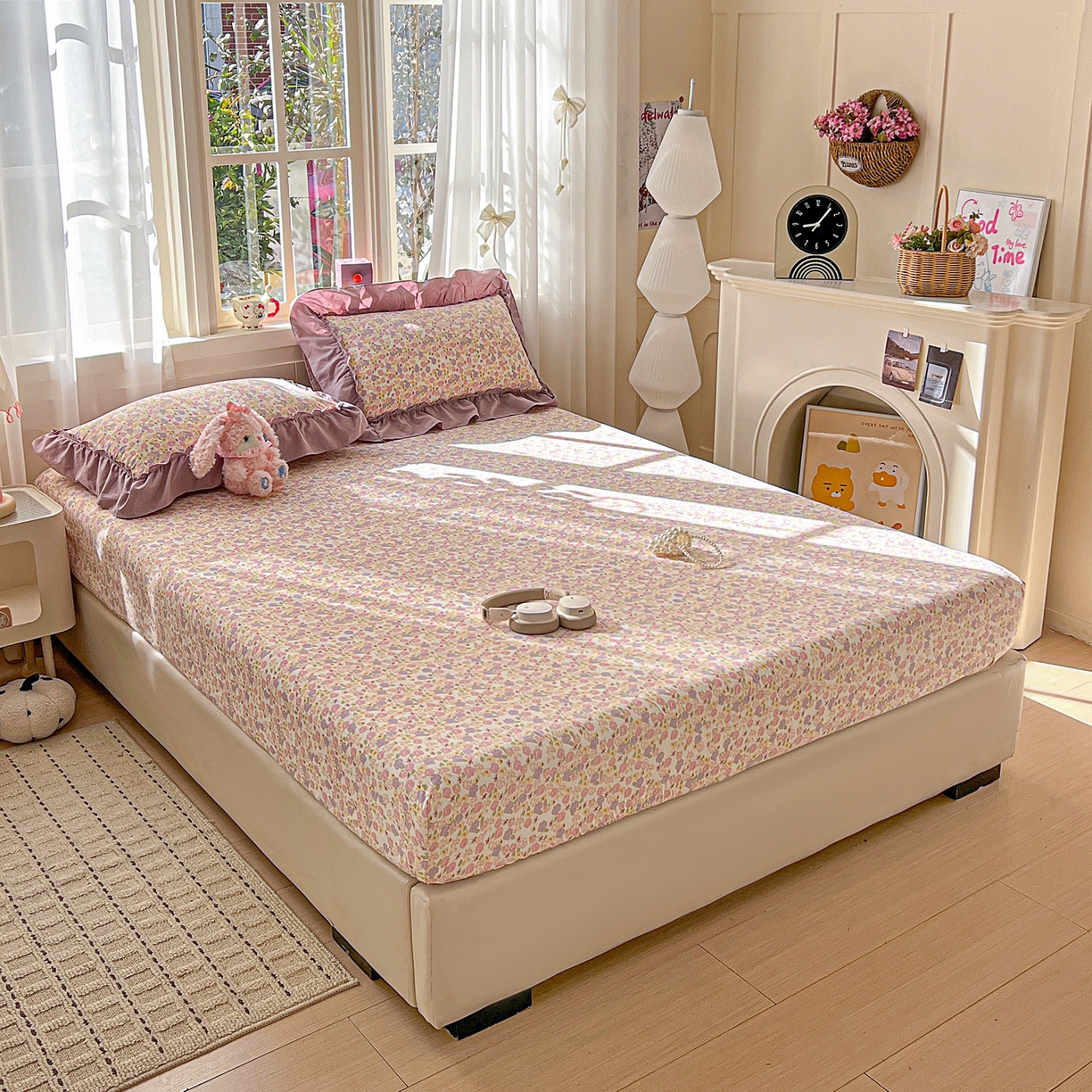 91家纺网 家纺一手货源 找家纺 富米莱（原臻工厂） 2026新款古法水洗仿棉床笠席梦思床罩杀床垫防滑罩床套罩床笠三件套 山樱漫岛