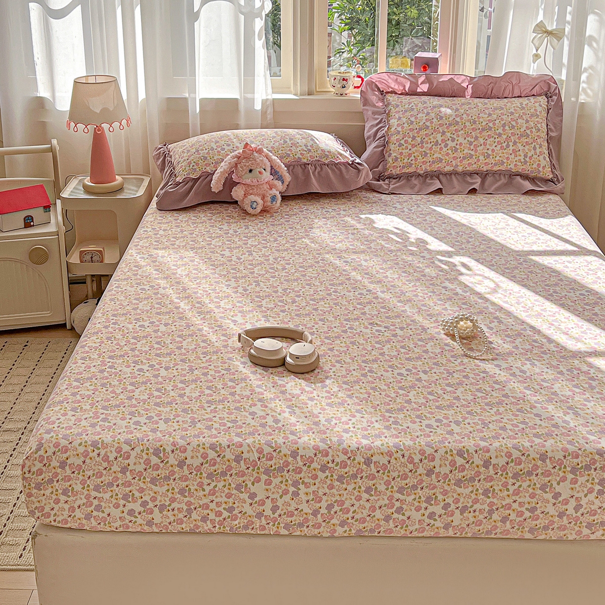 91家纺网 家纺一手货源 找家纺 富米莱（原臻工厂） 2026新款古法水洗仿棉床笠席梦思床罩杀床垫防滑罩床套罩床笠三件套 山樱漫岛