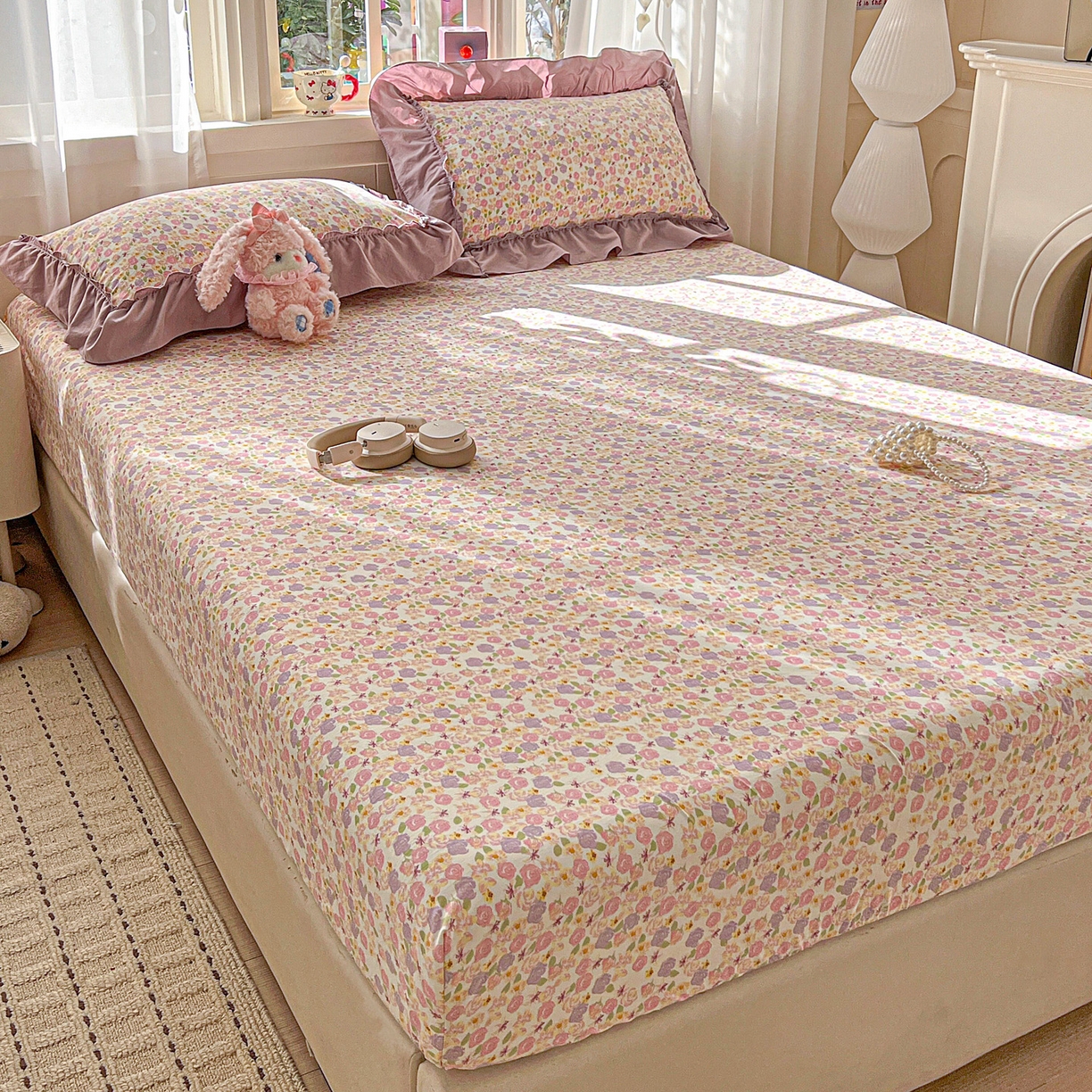 91家纺网 家纺一手货源 找家纺 富米莱（原臻工厂） 2026新款古法水洗仿棉床笠席梦思床罩杀床垫防滑罩床套罩床笠三件套 山樱漫岛