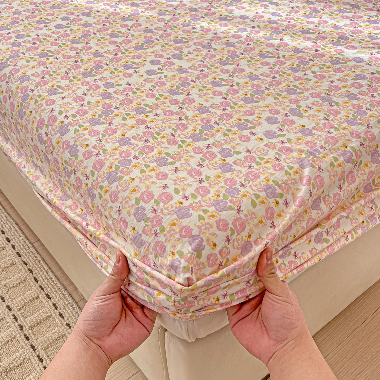 91家纺网 家纺一手货源 找家纺 富米莱（原臻工厂） 2026新款古法水洗仿棉床笠席梦思床罩杀床垫防滑罩床套罩床笠三件套 山樱漫岛