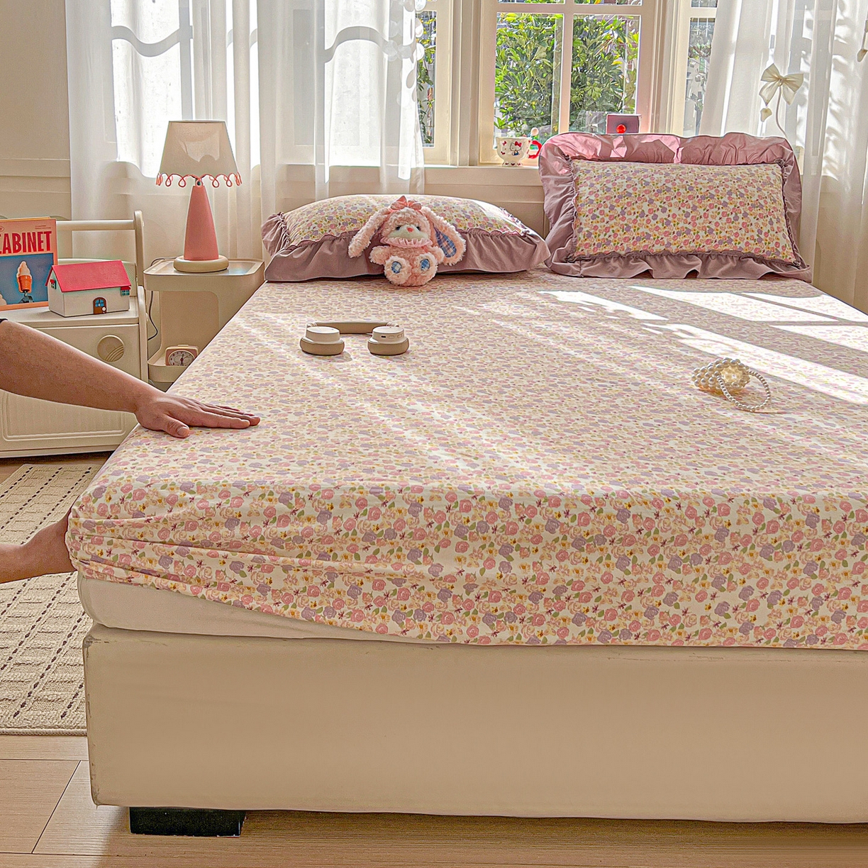 91家纺网 家纺一手货源 找家纺 富米莱（原臻工厂） 2026新款古法水洗仿棉床笠席梦思床罩杀床垫防滑罩床套罩床笠三件套 山樱漫岛